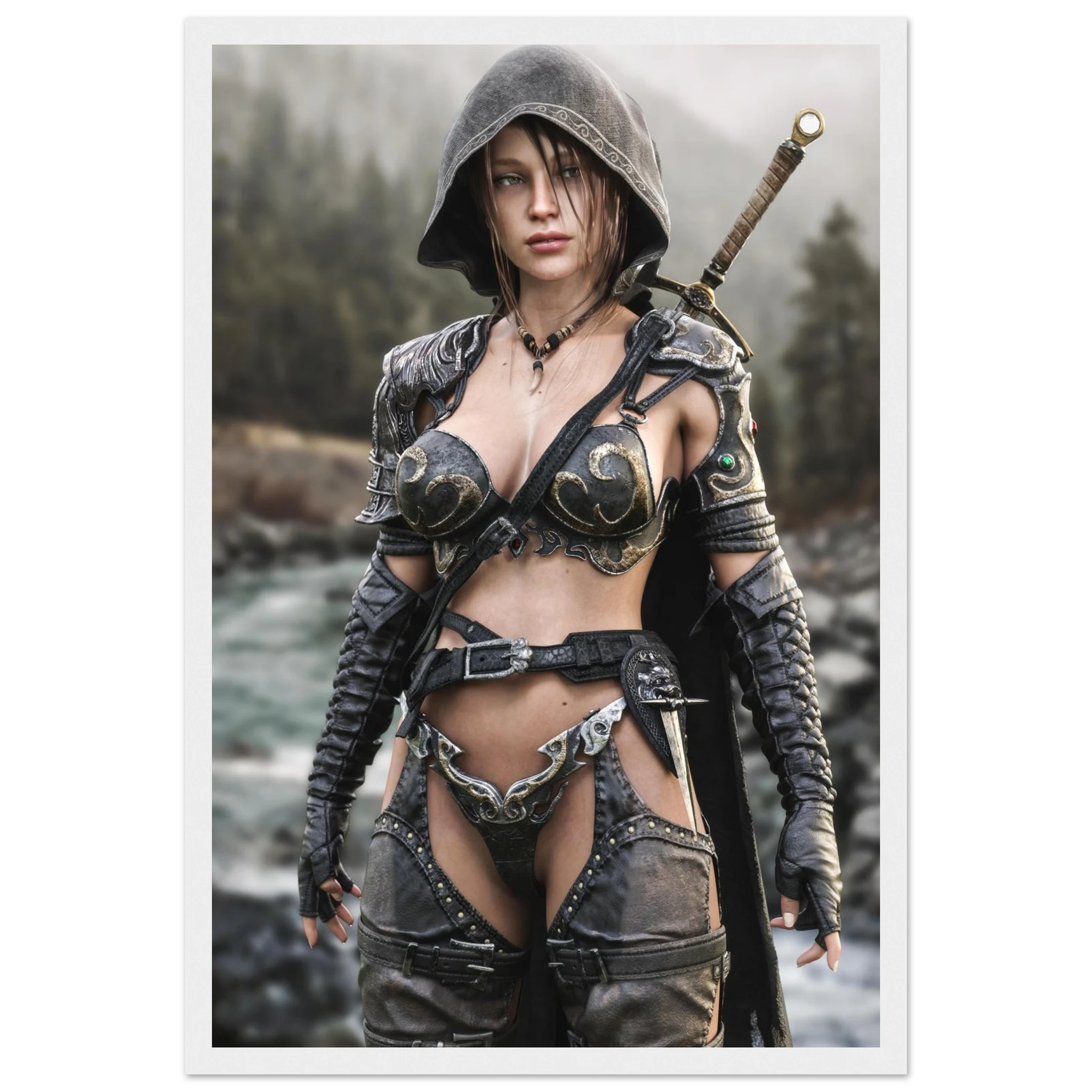 A fantasy warrior costume set featuring a hooded top, armored bralette, matching arm sleeves, a harness belt with a sword hilt, and thigh guards, modeled on a scenic outdoor background.