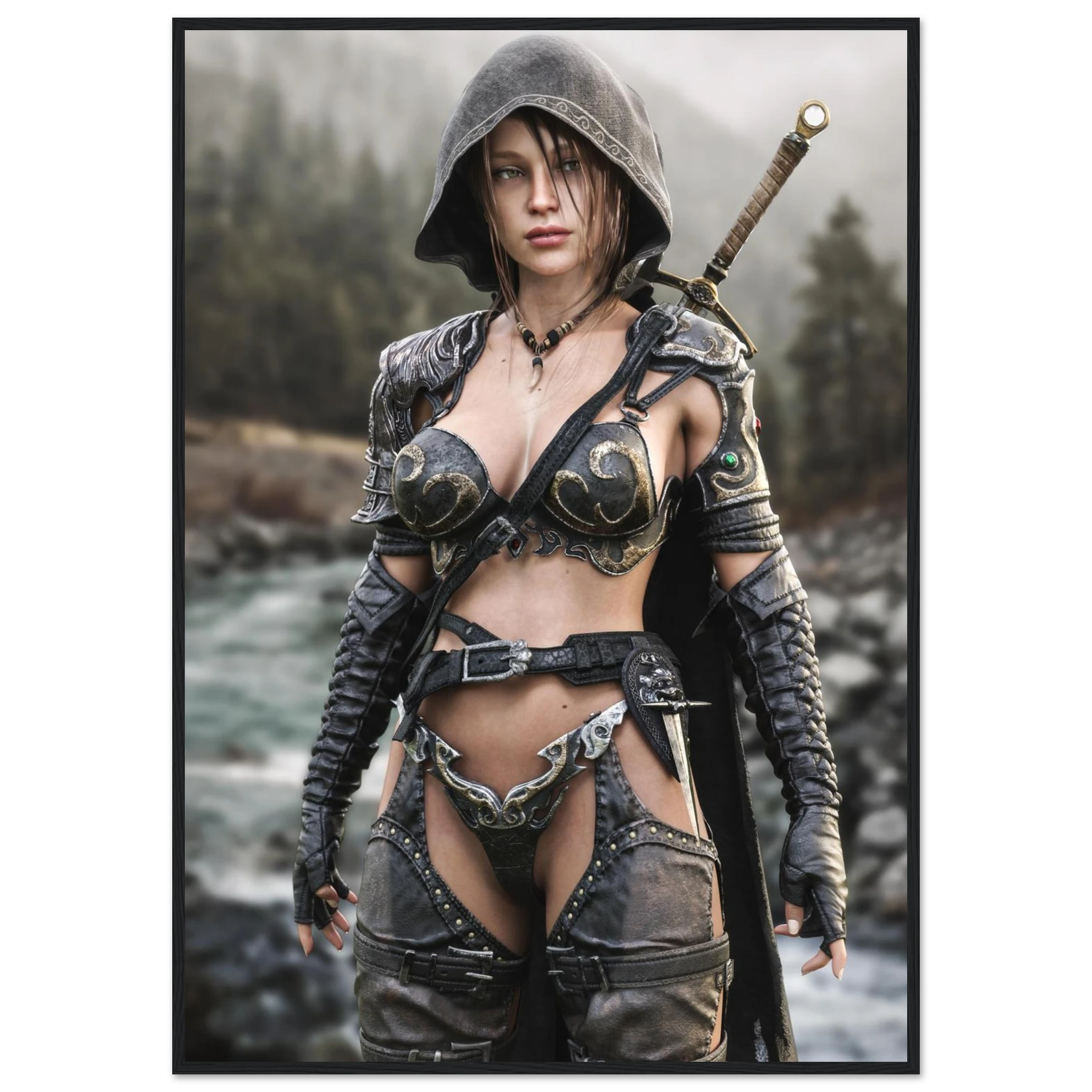 A framed vertical art print featuring a fantasy female warrior character in dark metallic armor with a hood, standing outdoors in front of a blurred forest and river background.