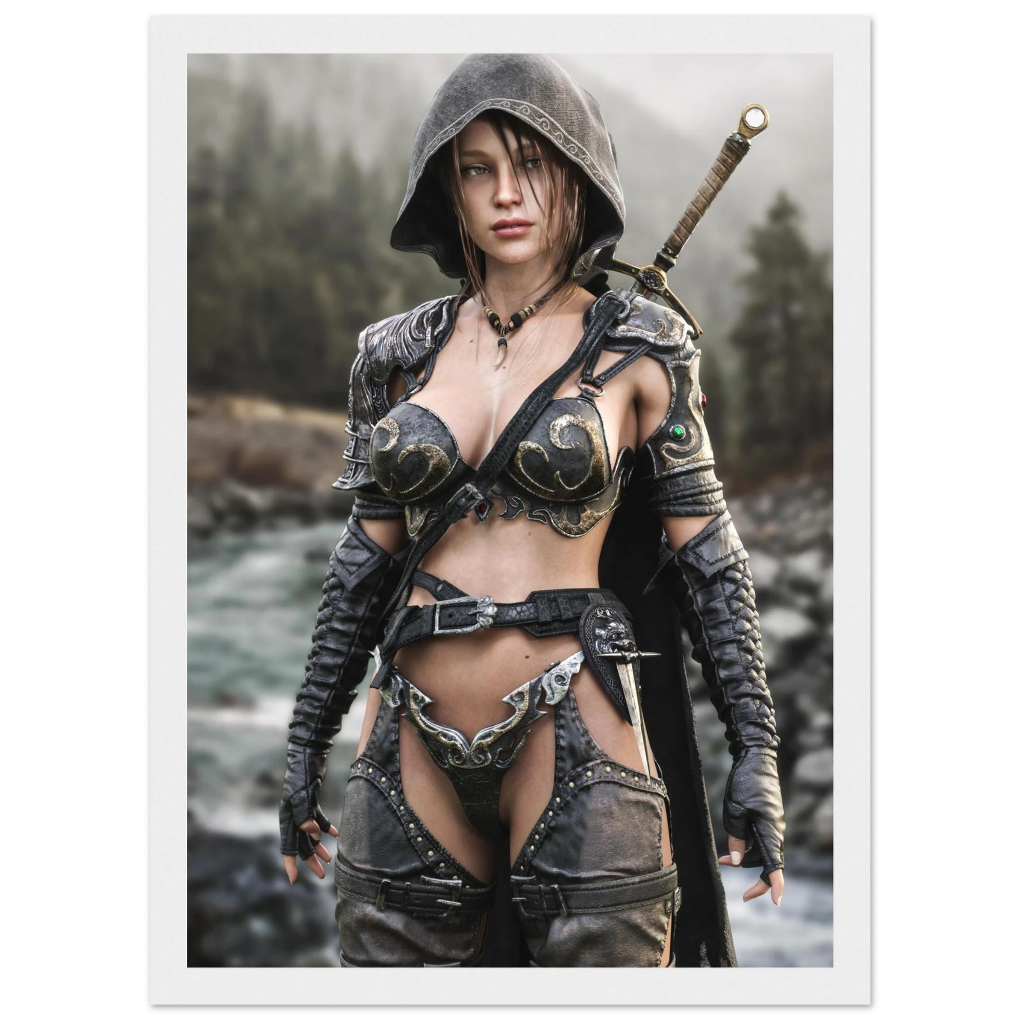 A vertical art print featuring a fantasy illustration of a female warrior in dark metallic armor with a hood, standing in a misty forest by a river. The print is presented with a white border.