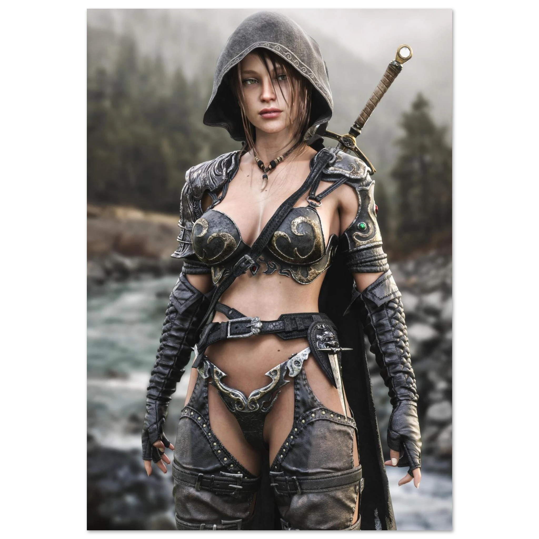 Handcrafted fantasy artwork featuring a hooded female ranger standing beside a mountain river in ornate medieval armor with a sword across her back. Premium wall art for fantasy collectors, RPG enthusiasts, gaming rooms, and medieval décor.