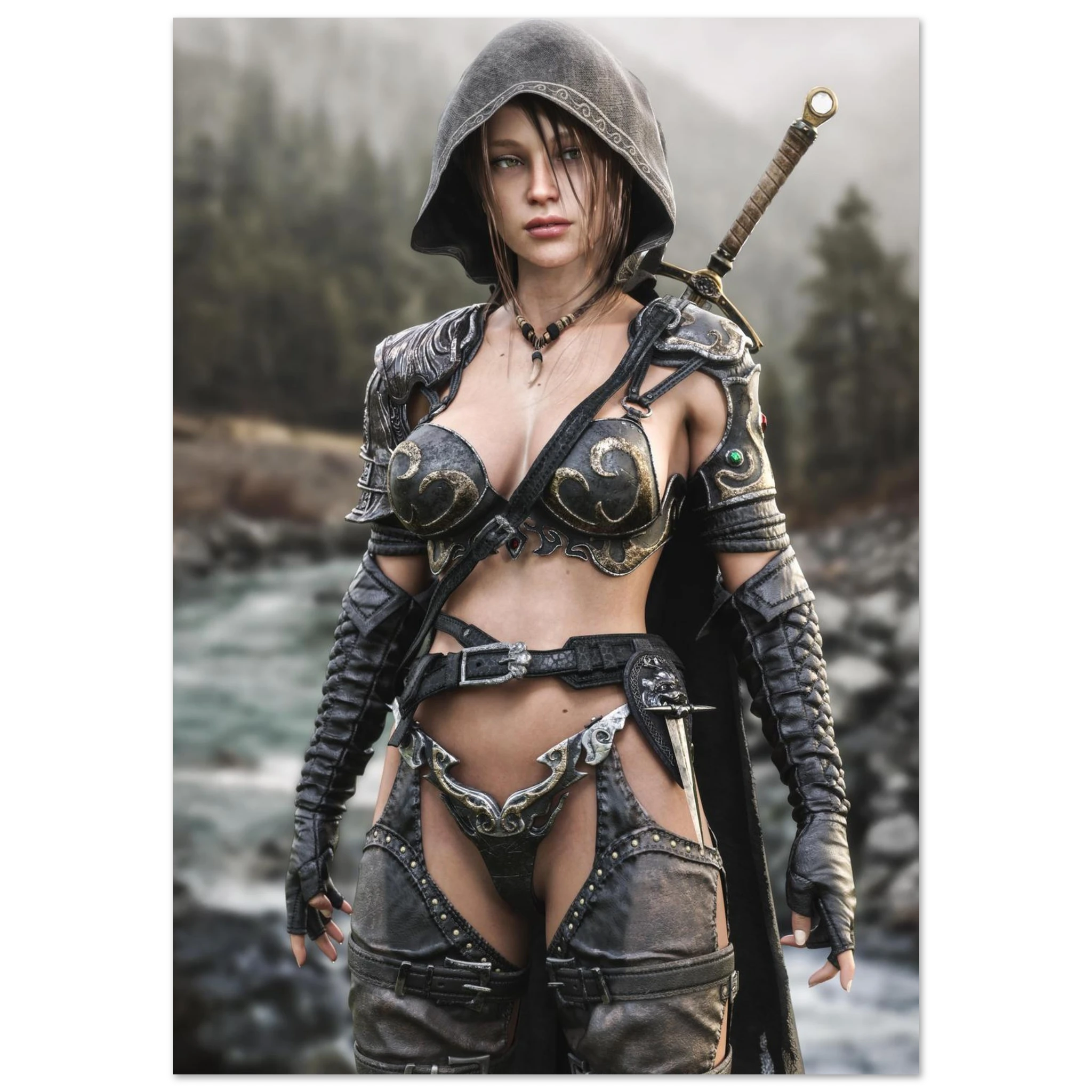 Handcrafted fantasy artwork featuring a hooded female ranger standing beside a mountain river in ornate medieval armor with a sword across her back. Premium wall art for fantasy collectors, RPG enthusiasts, gaming rooms, and medieval décor.