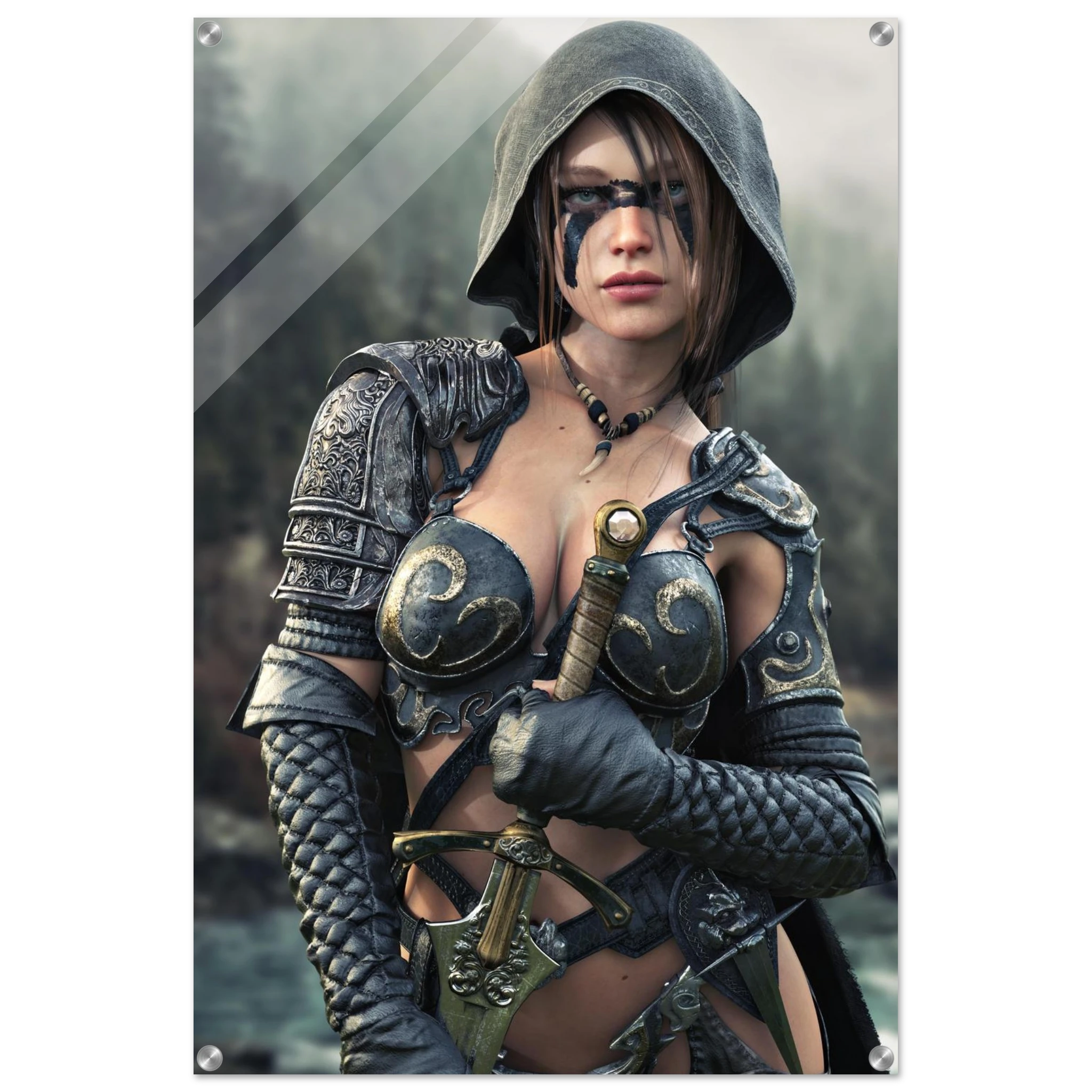 Handcrafted fantasy artwork featuring a hooded female ranger wearing engraved medieval armor and black war paint while holding an ornate sword against a misty forest backdrop. A cinematic fantasy portrait perfect for collectors, gamers, RPG enthusiasts, and fantasy wall décor.