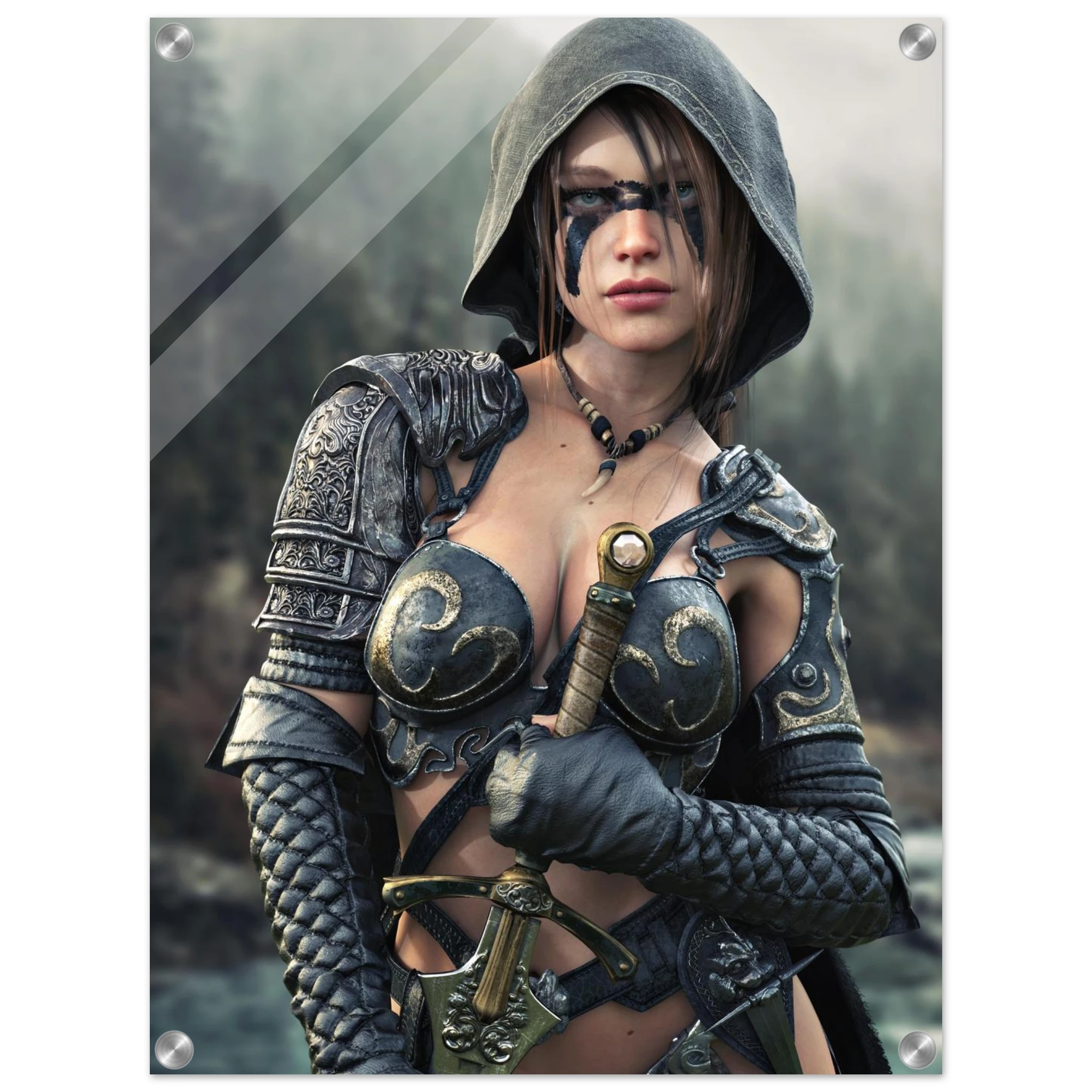 Handcrafted fantasy artwork featuring a hooded female ranger wearing engraved medieval armor and black war paint while holding an ornate sword against a misty forest backdrop. A cinematic fantasy portrait perfect for collectors, gamers, RPG enthusiasts, and fantasy wall décor.