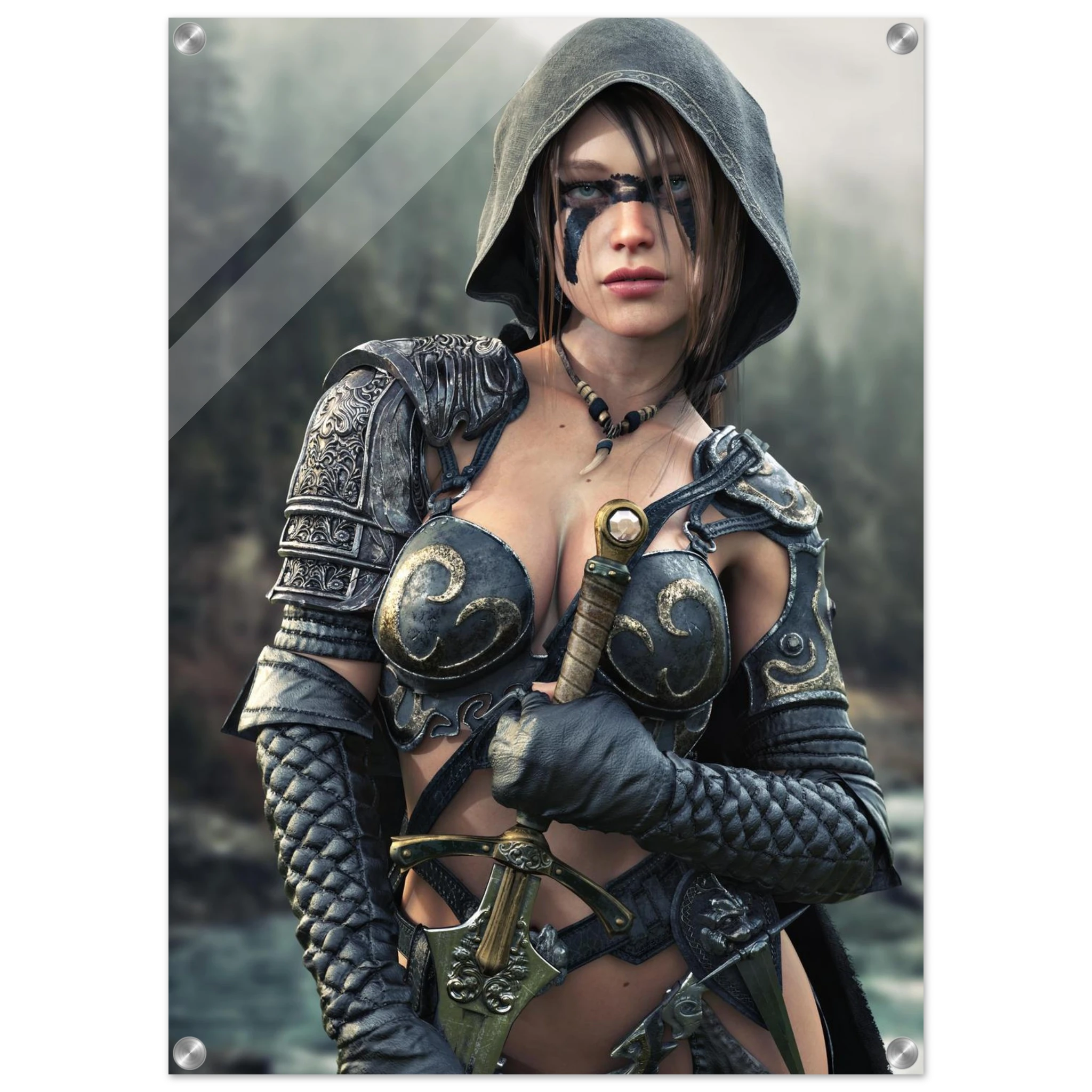 Handcrafted fantasy artwork featuring a hooded female ranger wearing engraved medieval armor and black war paint while holding an ornate sword against a misty forest backdrop. A cinematic fantasy portrait perfect for collectors, gamers, RPG enthusiasts, and fantasy wall décor.