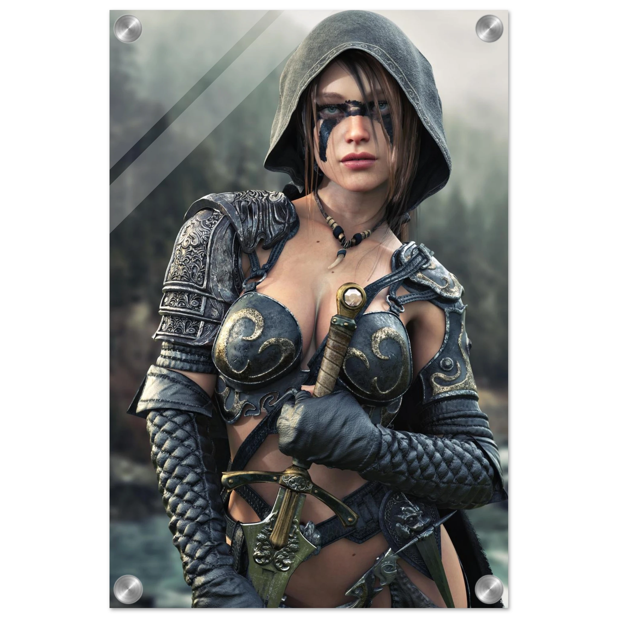 Handcrafted fantasy artwork featuring a hooded female ranger wearing engraved medieval armor and black war paint while holding an ornate sword against a misty forest backdrop. A cinematic fantasy portrait perfect for collectors, gamers, RPG enthusiasts, and fantasy wall décor.