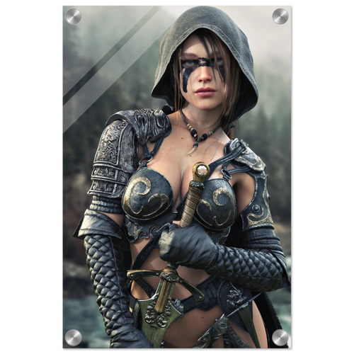 Handcrafted fantasy artwork featuring a hooded female ranger wearing engraved medieval armor and black war paint while holding an ornate sword against a misty forest backdrop. A cinematic fantasy portrait perfect for collectors, gamers, RPG enthusiasts, and fantasy wall décor.