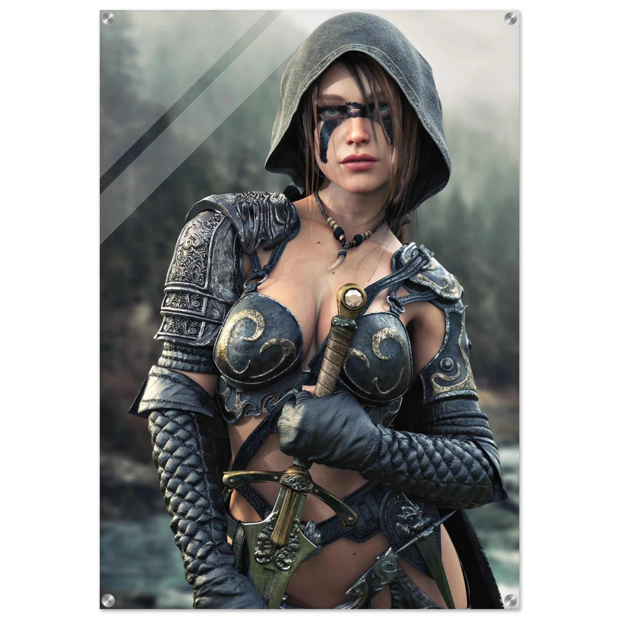 Handcrafted fantasy artwork featuring a hooded female ranger wearing engraved medieval armor and black war paint while holding an ornate sword against a misty forest backdrop. A cinematic fantasy portrait perfect for collectors, gamers, RPG enthusiasts, and fantasy wall décor.