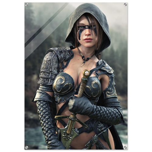 Handcrafted fantasy artwork featuring a hooded female ranger wearing engraved medieval armor and black war paint while holding an ornate sword against a misty forest backdrop. A cinematic fantasy portrait perfect for collectors, gamers, RPG enthusiasts, and fantasy wall décor.