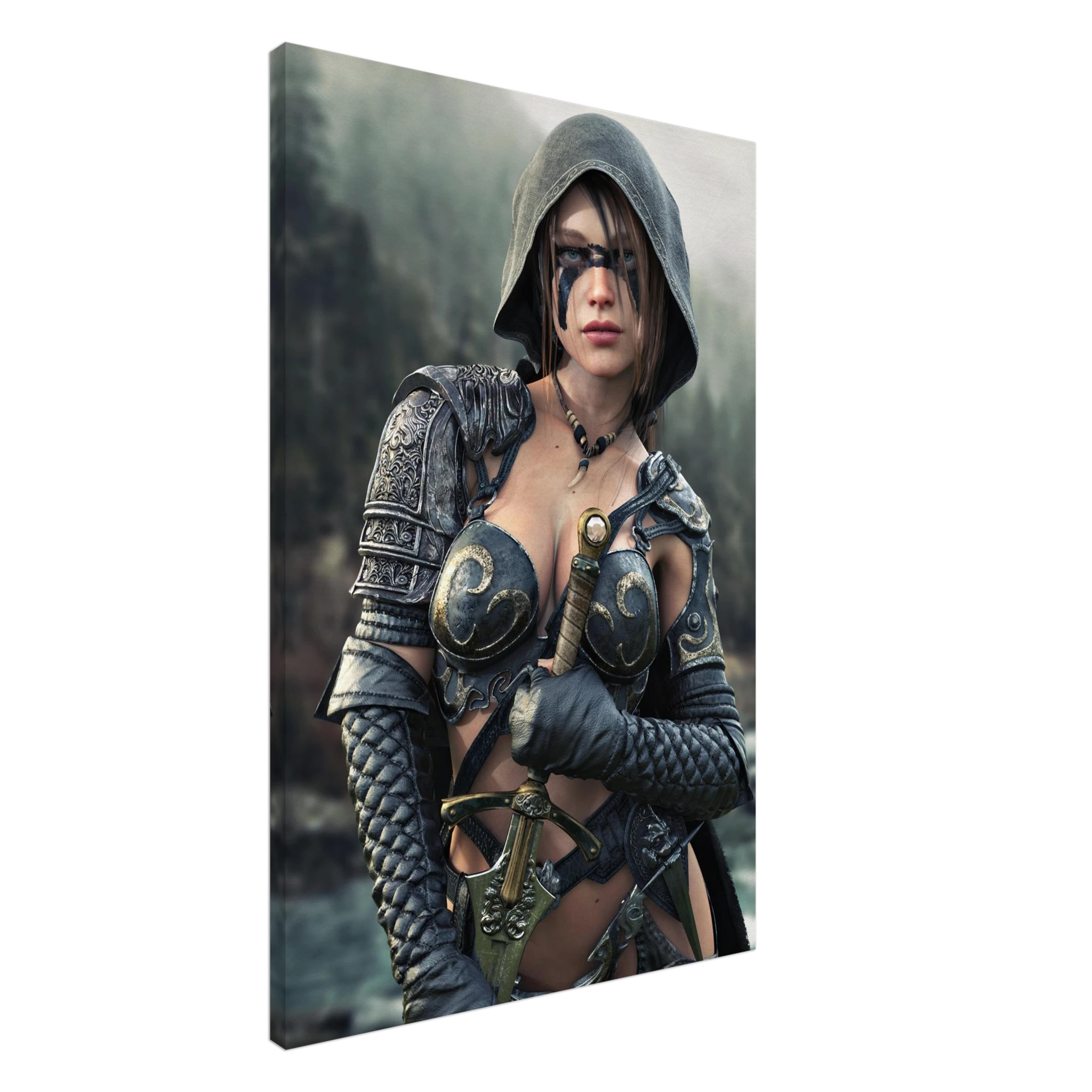 Handcrafted fantasy artwork featuring a hooded female ranger wearing engraved medieval armor and black war paint while holding an ornate sword against a misty forest backdrop. A cinematic fantasy portrait perfect for collectors, gamers, RPG enthusiasts, and fantasy wall décor.
