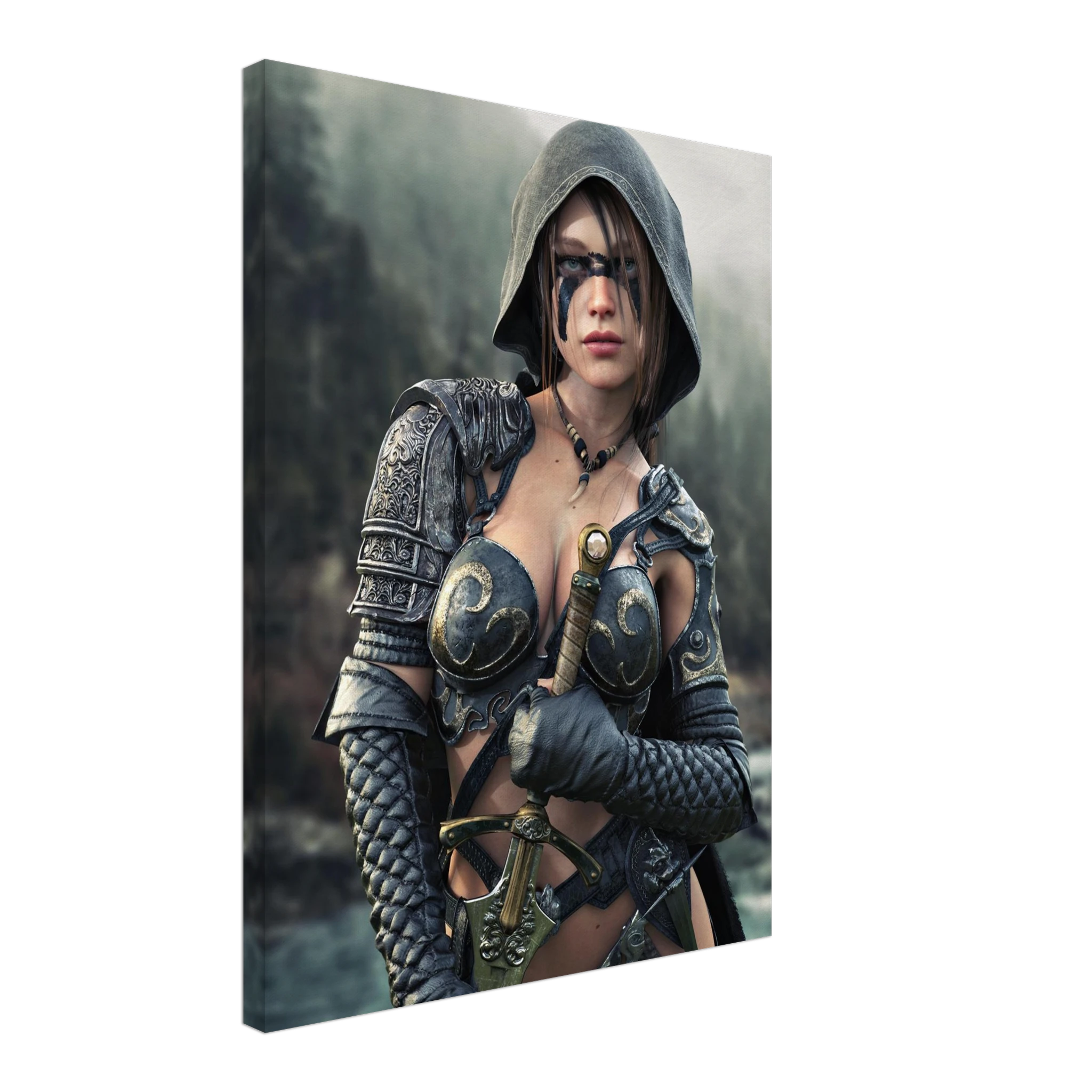 Handcrafted fantasy artwork featuring a hooded female ranger wearing engraved medieval armor and black war paint while holding an ornate sword against a misty forest backdrop. A cinematic fantasy portrait perfect for collectors, gamers, RPG enthusiasts, and fantasy wall décor.