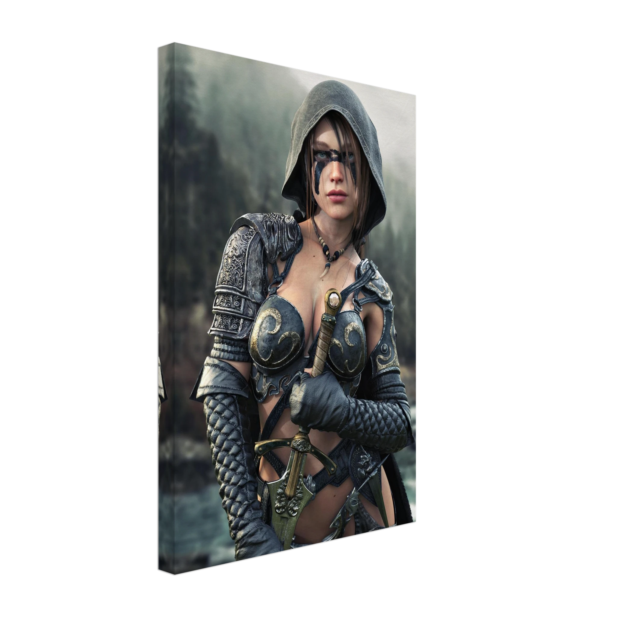 Handcrafted fantasy artwork featuring a hooded female ranger wearing engraved medieval armor and black war paint while holding an ornate sword against a misty forest backdrop. A cinematic fantasy portrait perfect for collectors, gamers, RPG enthusiasts, and fantasy wall décor.