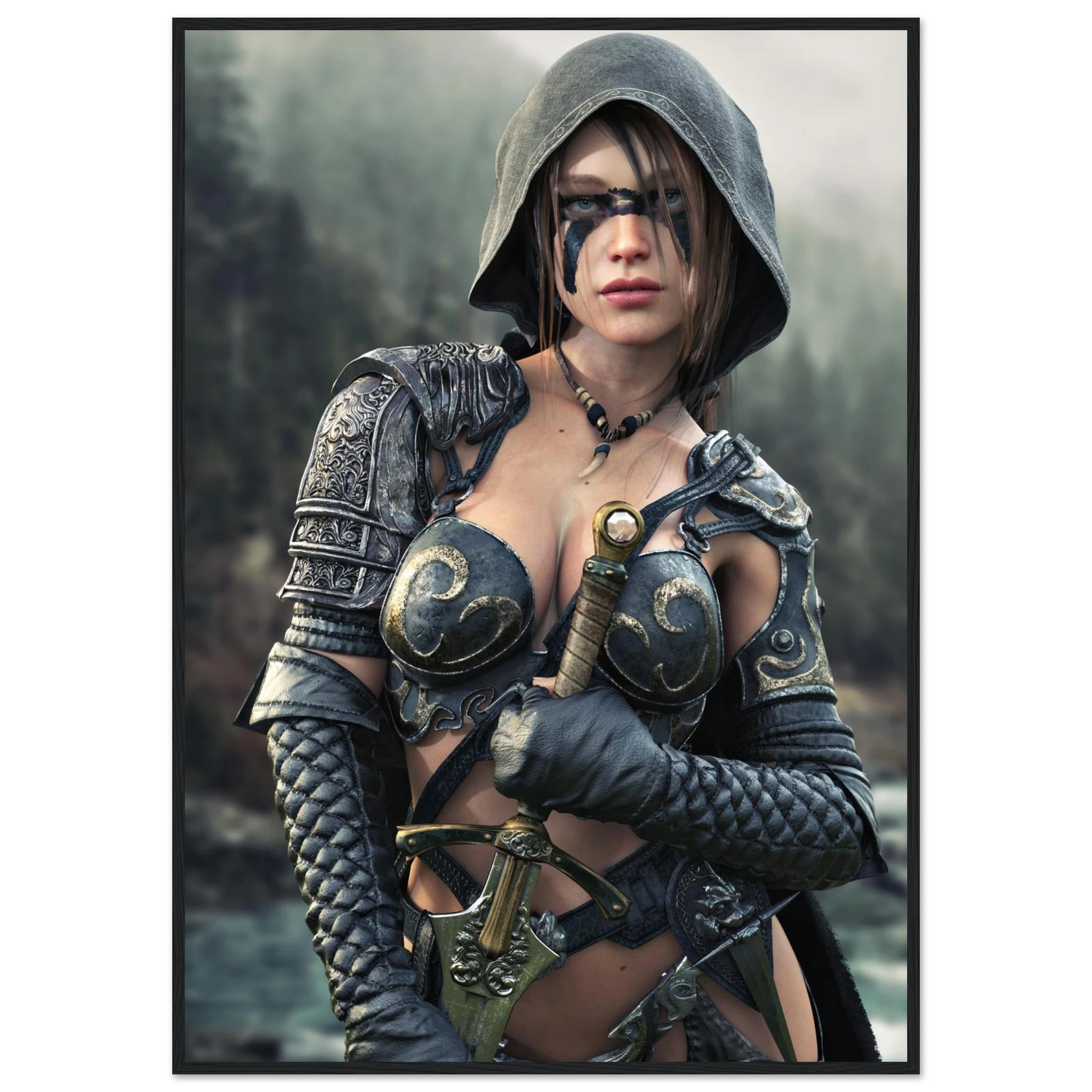A framed art print featuring a fantasy illustration of a female warrior in dark metallic armor with a hood, holding a sword, set against a misty forest background.