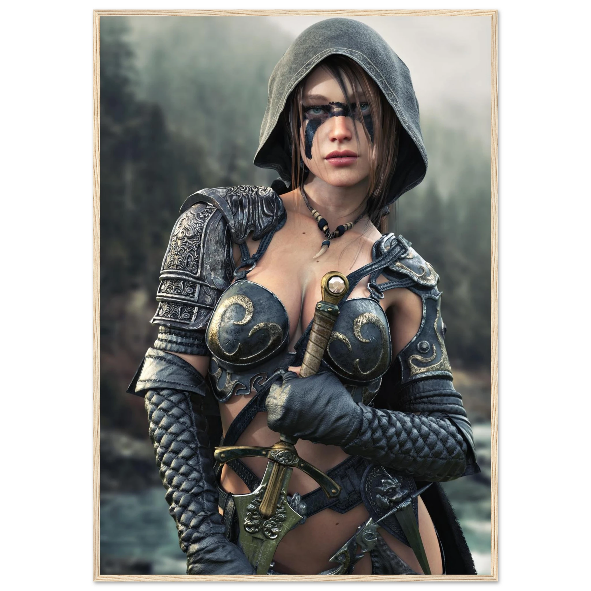 A framed art print featuring a fantasy illustration of a female warrior in dark metallic armor with a hood, holding a sword, set against a misty forest background.