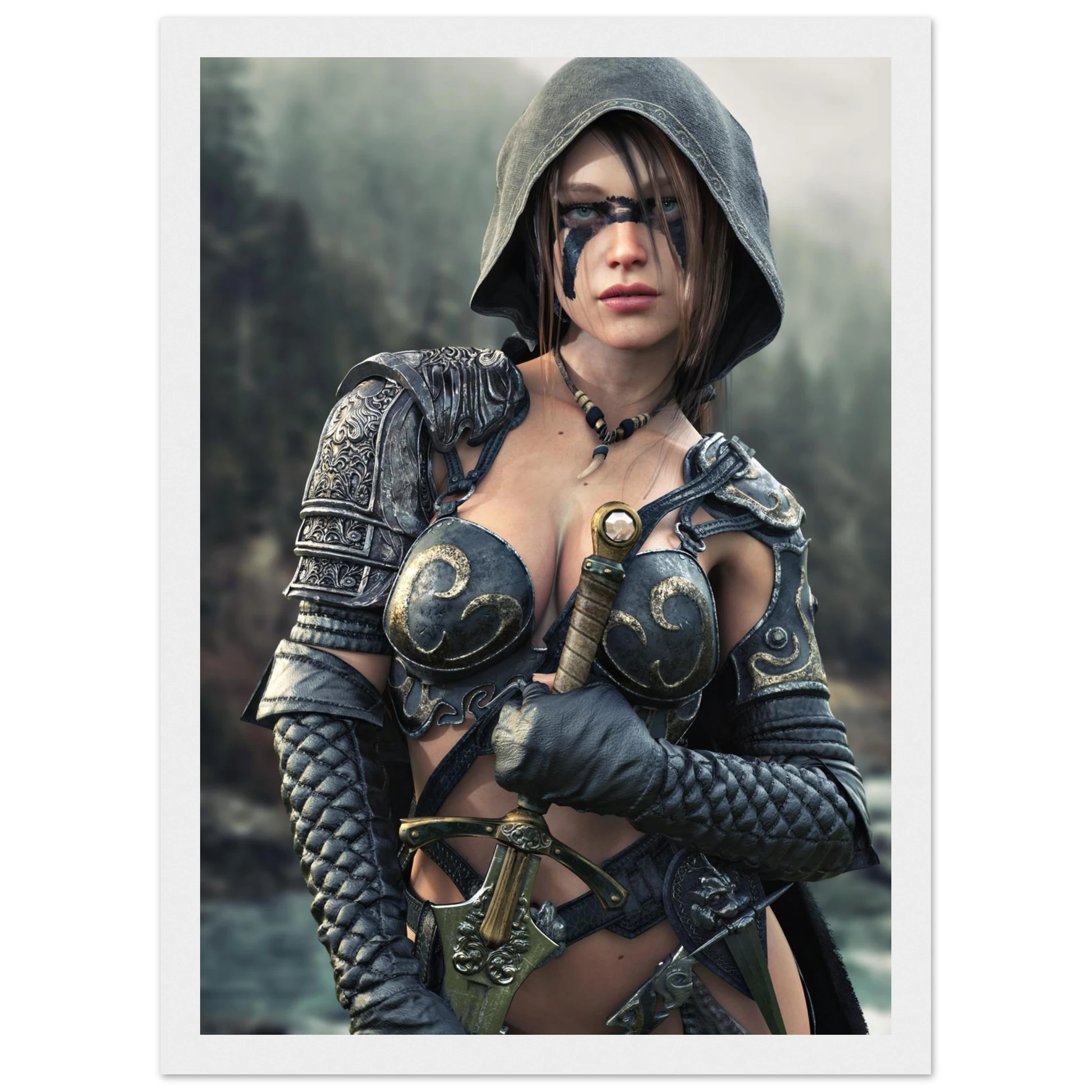 A vertical art print featuring a fantasy female warrior in dark metallic armor with a hood, holding a sword, set against a misty forest background. The print is displayed with a white border.