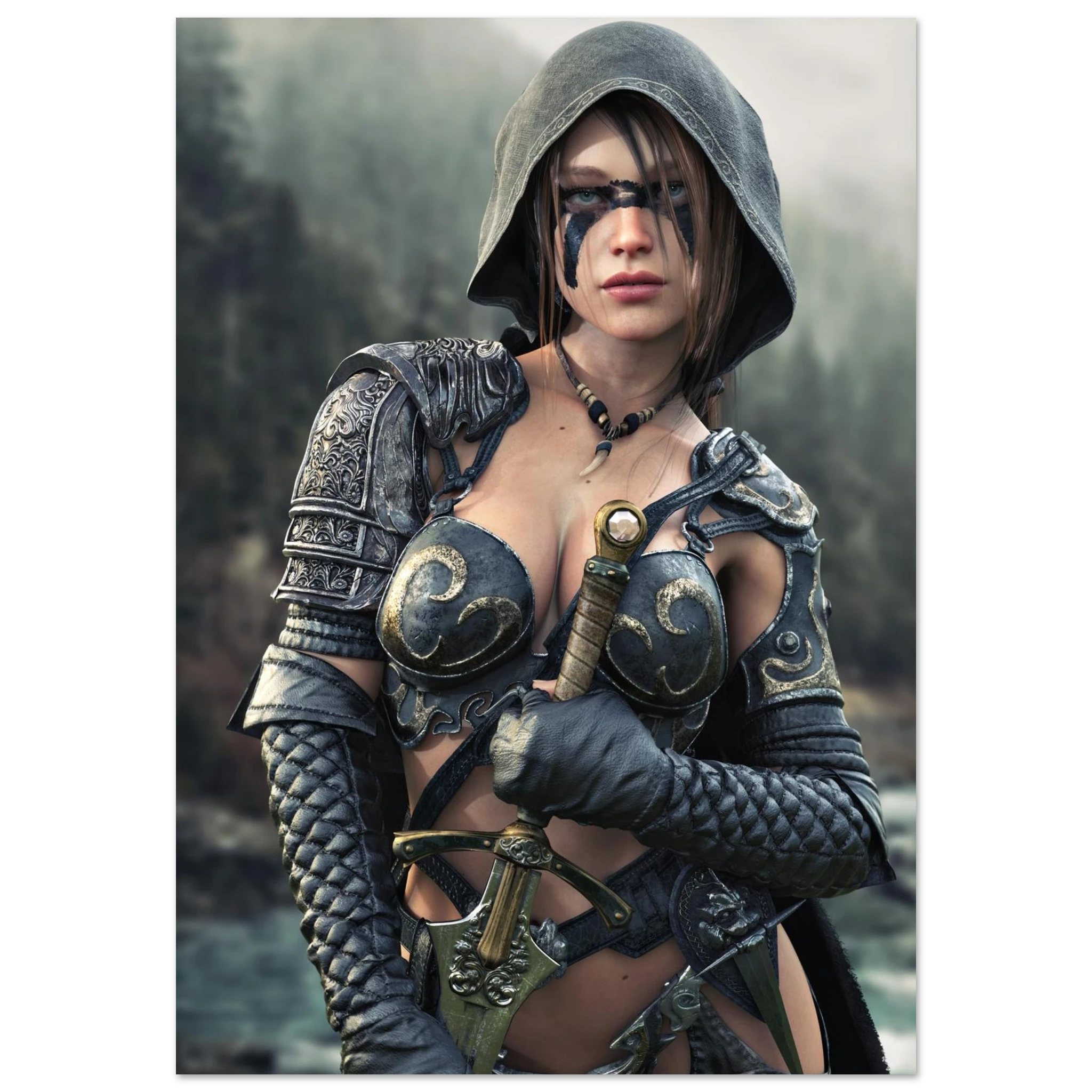 Handcrafted fantasy artwork featuring a hooded female ranger wearing engraved medieval armor and black war paint while holding an ornate sword against a misty forest backdrop. A cinematic fantasy portrait perfect for collectors, gamers, RPG enthusiasts, and fantasy wall décor.