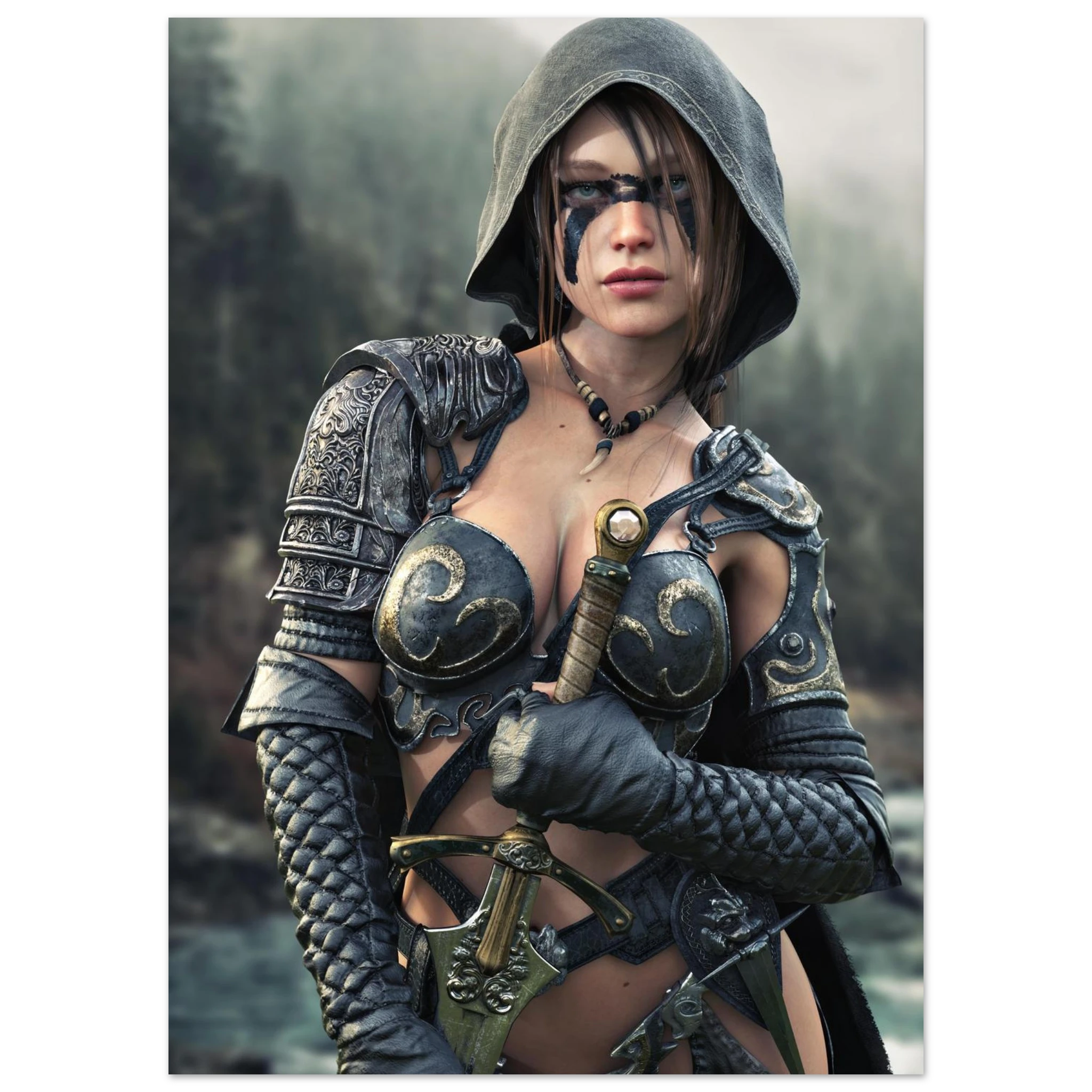 Handcrafted fantasy artwork featuring a hooded female ranger wearing engraved medieval armor and black war paint while holding an ornate sword against a misty forest backdrop. A cinematic fantasy portrait perfect for collectors, gamers, RPG enthusiasts, and fantasy wall décor.
