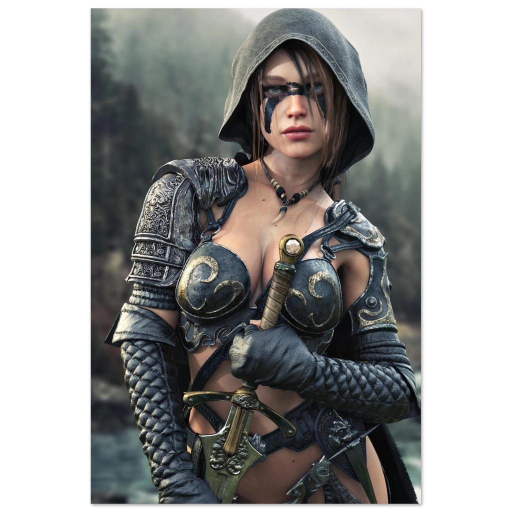 Handcrafted fantasy artwork featuring a hooded female ranger wearing engraved medieval armor and black war paint while holding an ornate sword against a misty forest backdrop. A cinematic fantasy portrait perfect for collectors, gamers, RPG enthusiasts, and fantasy wall décor.