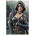 Handcrafted fantasy artwork featuring a hooded female ranger wearing engraved medieval armor and black war paint while holding an ornate sword against a misty forest backdrop. A cinematic fantasy portrait perfect for collectors, gamers, RPG enthusiasts, and fantasy wall décor.