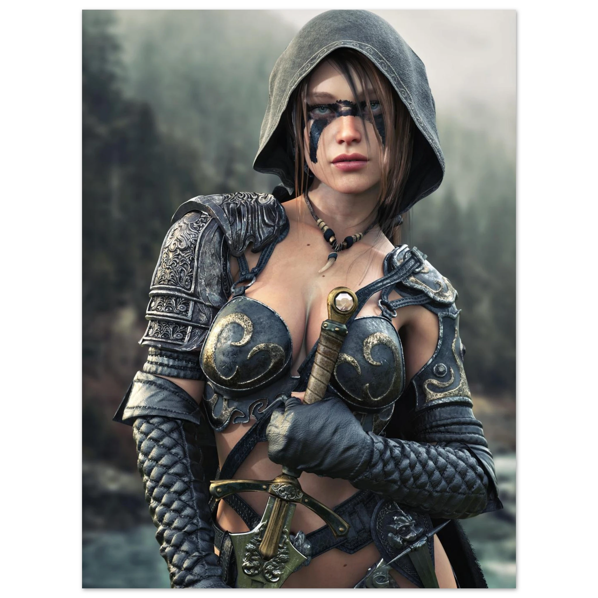 Handcrafted fantasy artwork featuring a hooded female ranger wearing engraved medieval armor and black war paint while holding an ornate sword against a misty forest backdrop. A cinematic fantasy portrait perfect for collectors, gamers, RPG enthusiasts, and fantasy wall décor