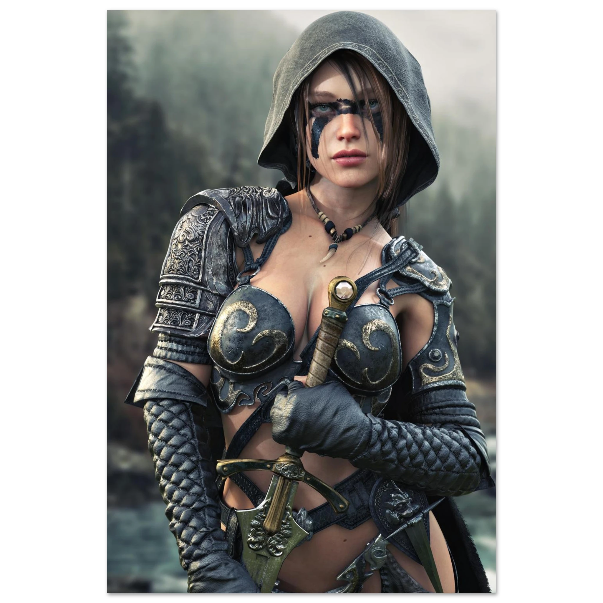 Handcrafted fantasy artwork featuring a hooded female ranger wearing engraved medieval armor and black war paint while holding an ornate sword against a misty forest backdrop. A cinematic fantasy portrait perfect for collectors, gamers, RPG enthusiasts, and fantasy wall décor