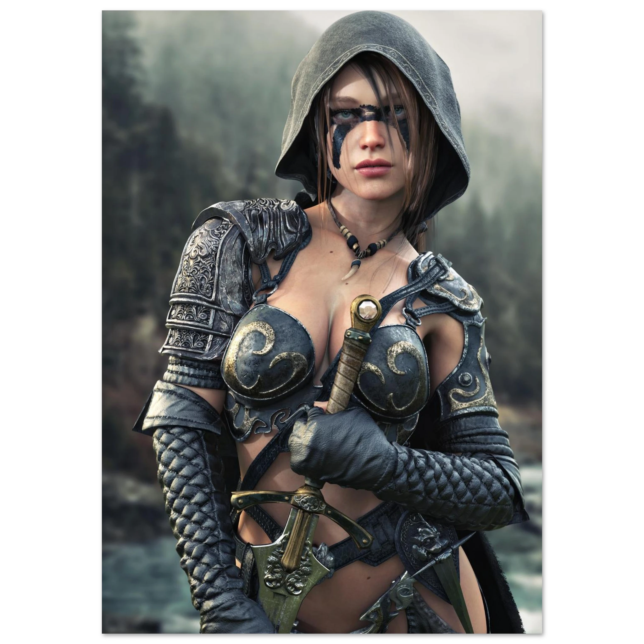 Handcrafted fantasy artwork featuring a hooded female ranger wearing engraved medieval armor and black war paint while holding an ornate sword against a misty forest backdrop. A cinematic fantasy portrait perfect for collectors, gamers, RPG enthusiasts, and fantasy wall décor