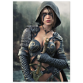 Handcrafted fantasy artwork featuring a hooded female ranger wearing engraved medieval armor and black war paint while holding an ornate sword against a misty forest backdrop. A cinematic fantasy portrait perfect for collectors, gamers, RPG enthusiasts, and fantasy wall décor