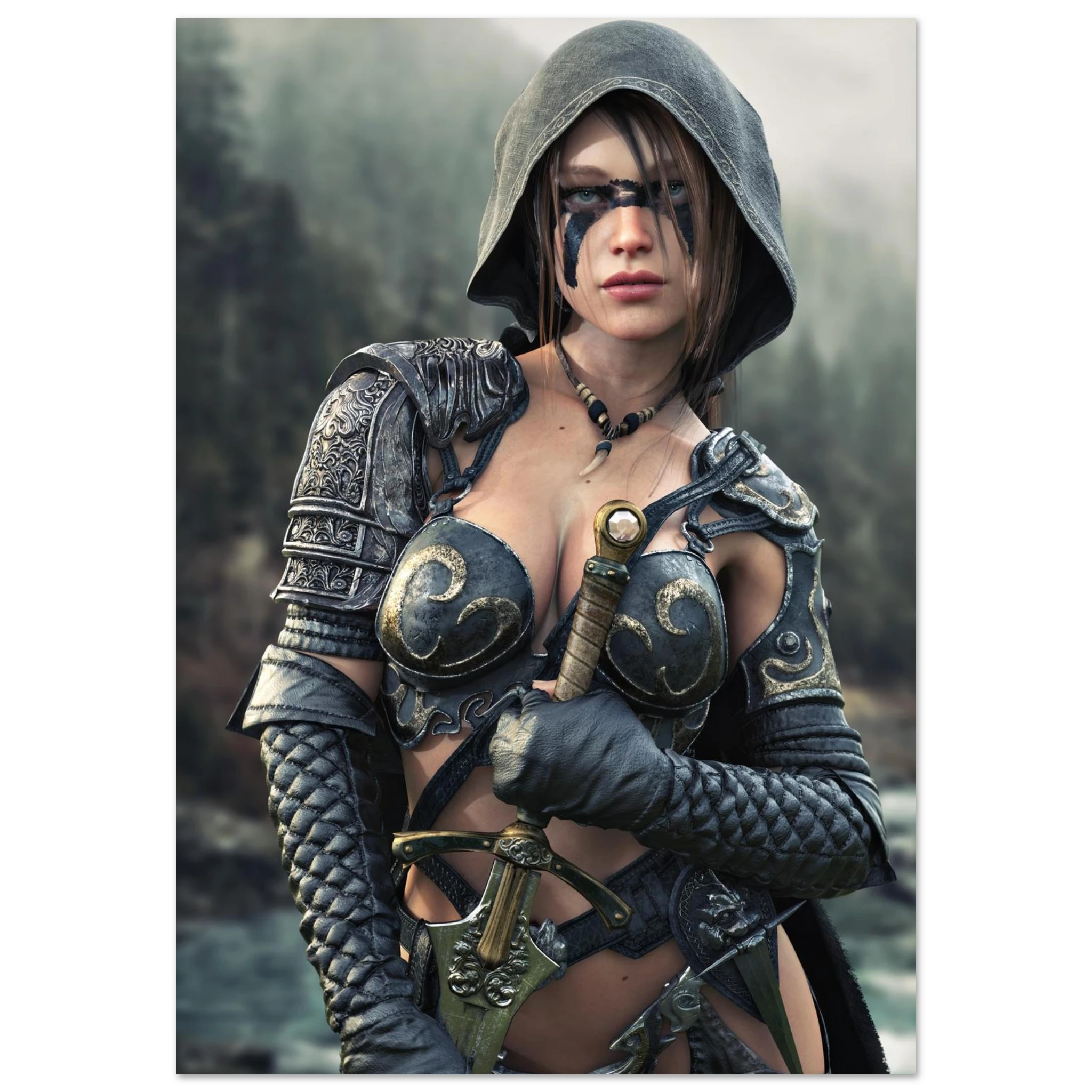 Handcrafted fantasy artwork featuring a hooded female ranger wearing engraved medieval armor and black war paint while holding an ornate sword against a misty forest backdrop. A cinematic fantasy portrait perfect for collectors, gamers, RPG enthusiasts, and fantasy wall décor