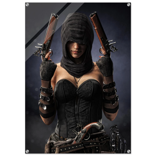 Handcrafted fantasy artwork featuring a hooded female pirate assassin holding twin flintlock pistols while wearing ornate black pirate attire and leather gear. Premium wall art for fantasy collectors, pirate enthusiasts, RPG players, gaming rooms, and nautical décor.