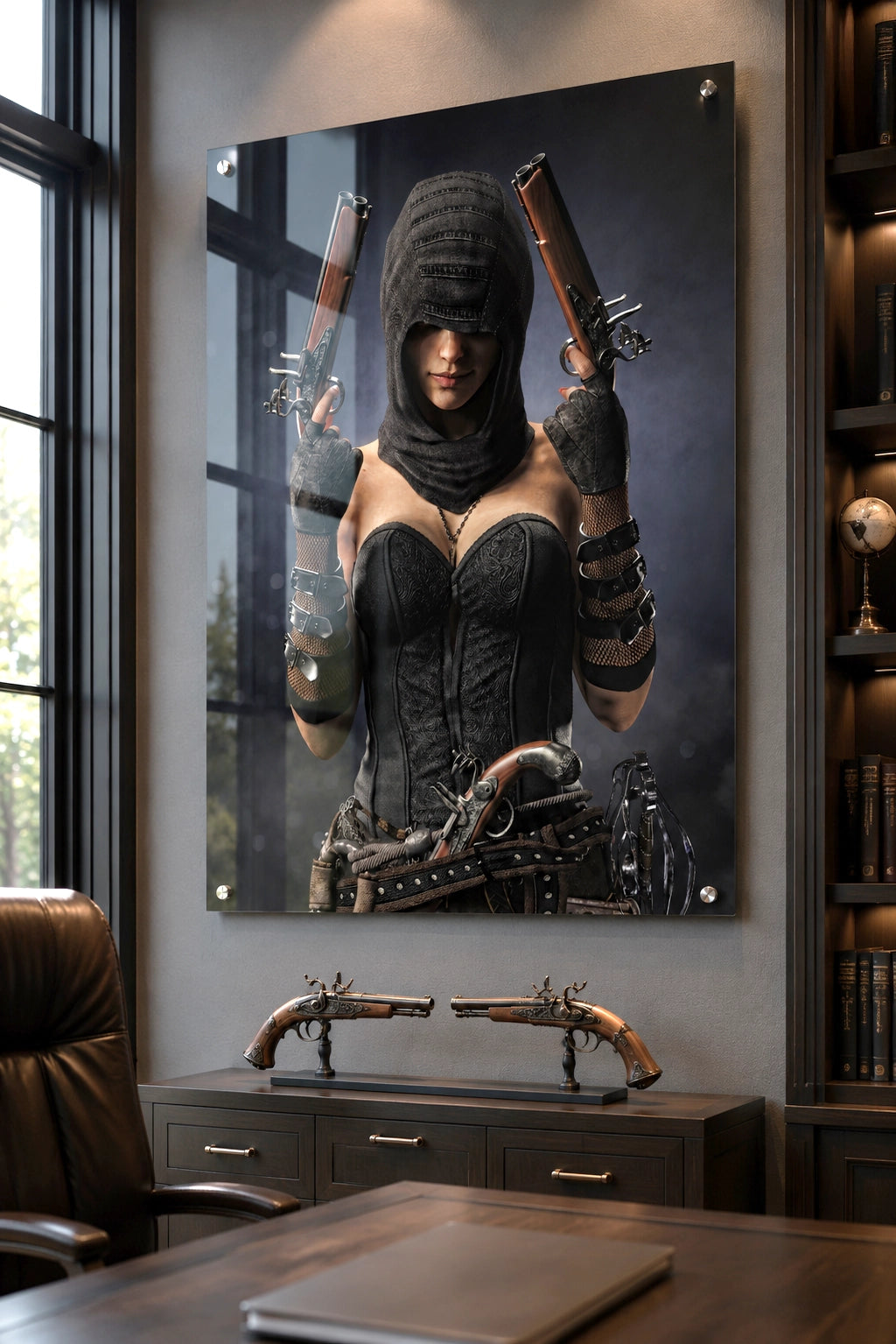 Handcrafted fantasy artwork featuring a hooded female pirate assassin holding twin flintlock pistols while wearing ornate black pirate attire and leather gear. Premium wall art for fantasy collectors, pirate enthusiasts, RPG players, gaming rooms, and nautical décor.