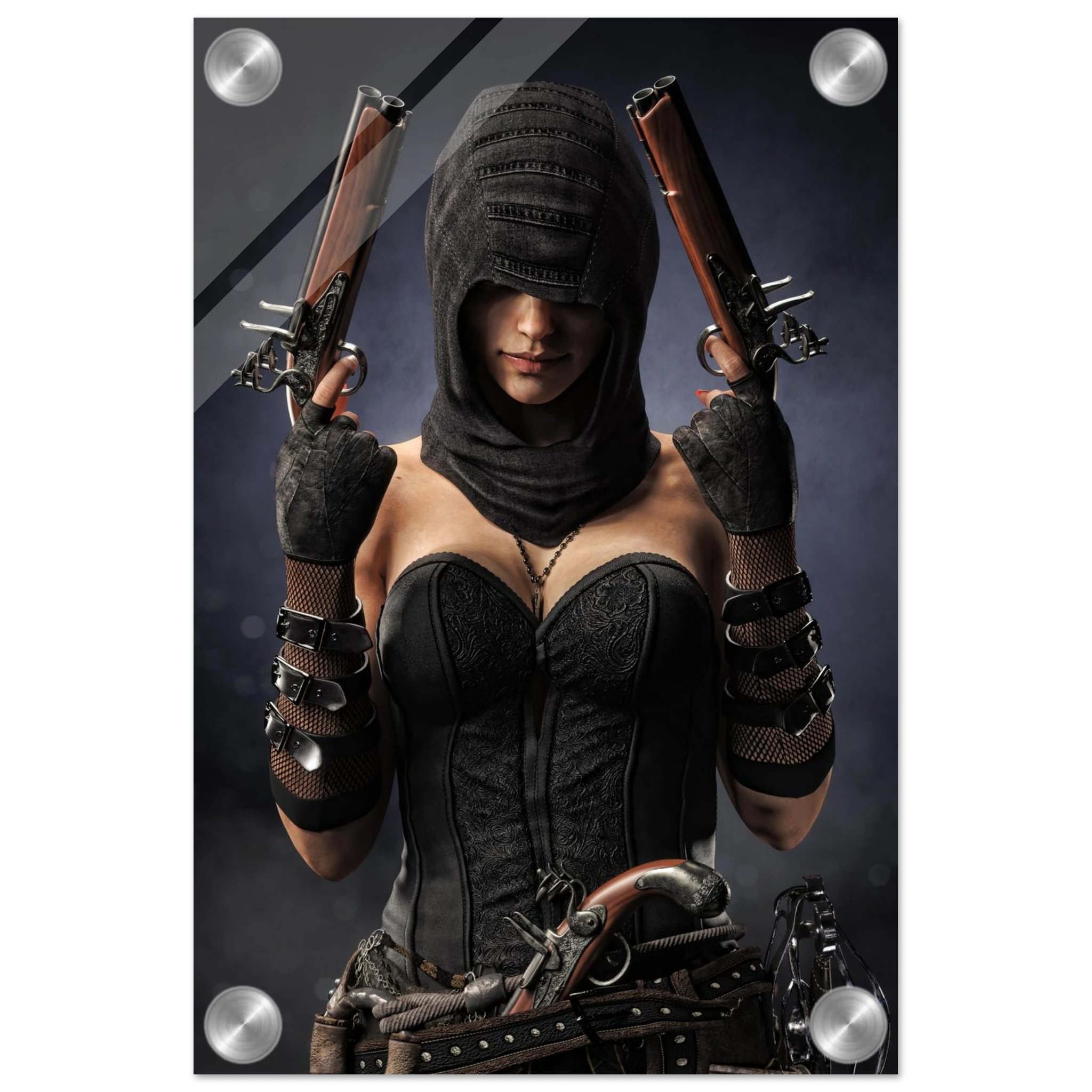 Handcrafted fantasy artwork featuring a hooded female pirate assassin holding twin flintlock pistols while wearing ornate black pirate attire and leather gear. Premium wall art for fantasy collectors, pirate enthusiasts, RPG players, gaming rooms, and nautical décor.