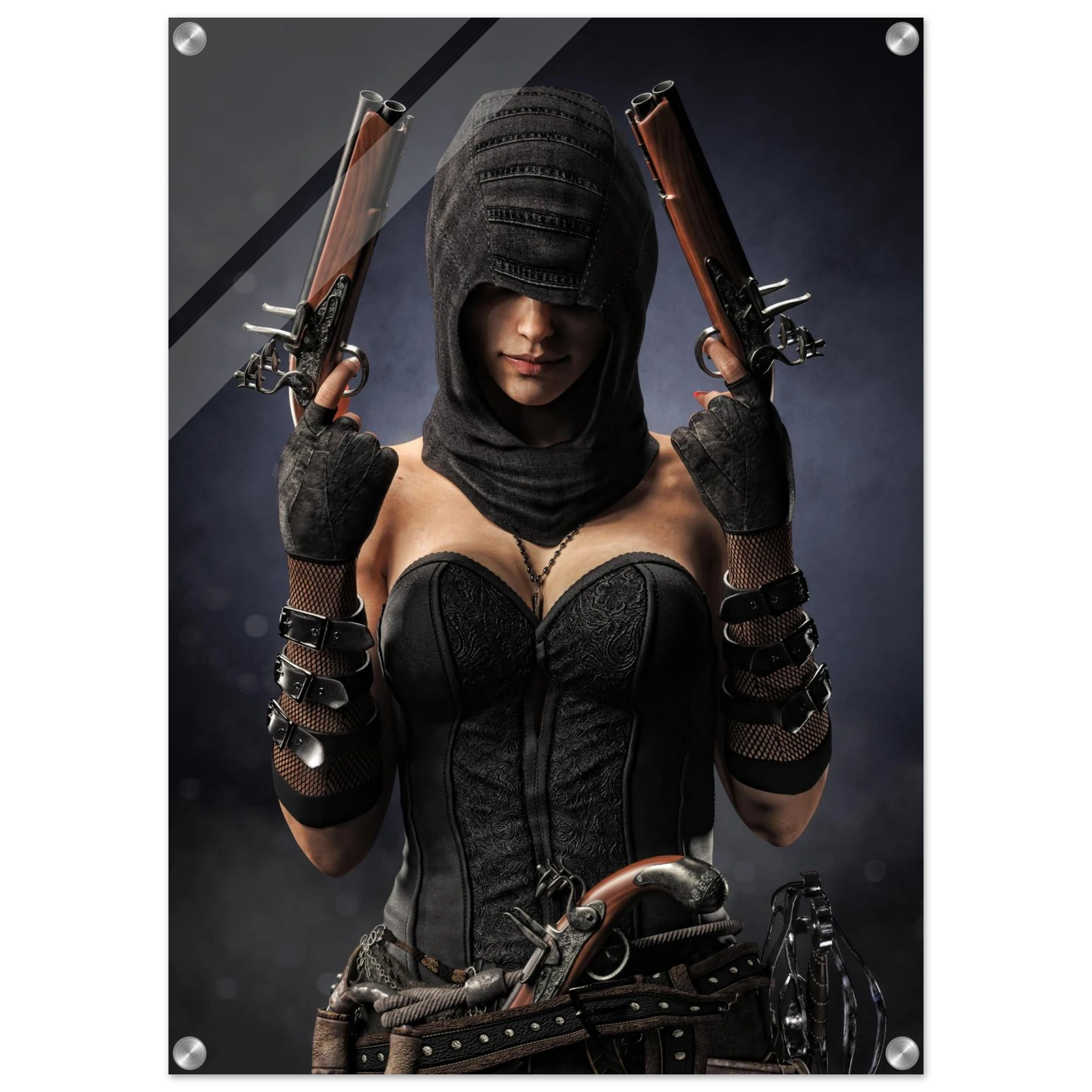 Handcrafted fantasy artwork featuring a hooded female pirate assassin holding twin flintlock pistols while wearing ornate black pirate attire and leather gear. Premium wall art for fantasy collectors, pirate enthusiasts, RPG players, gaming rooms, and nautical décor.