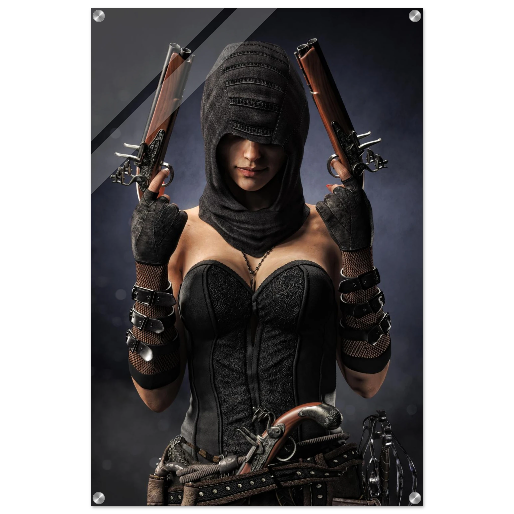 Handcrafted fantasy artwork featuring a hooded female pirate assassin holding twin flintlock pistols while wearing ornate black pirate attire and leather gear. Premium wall art for fantasy collectors, pirate enthusiasts, RPG players, gaming rooms, and nautical décor.