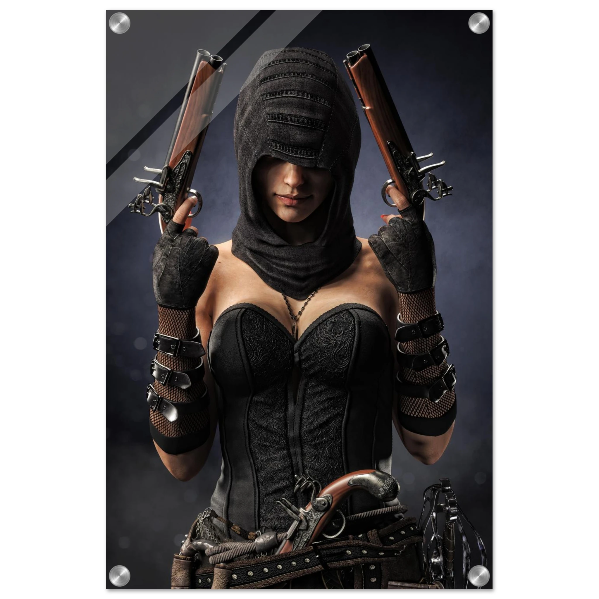Handcrafted fantasy artwork featuring a hooded female pirate assassin holding twin flintlock pistols while wearing ornate black pirate attire and leather gear. Premium wall art for fantasy collectors, pirate enthusiasts, RPG players, gaming rooms, and nautical décor.