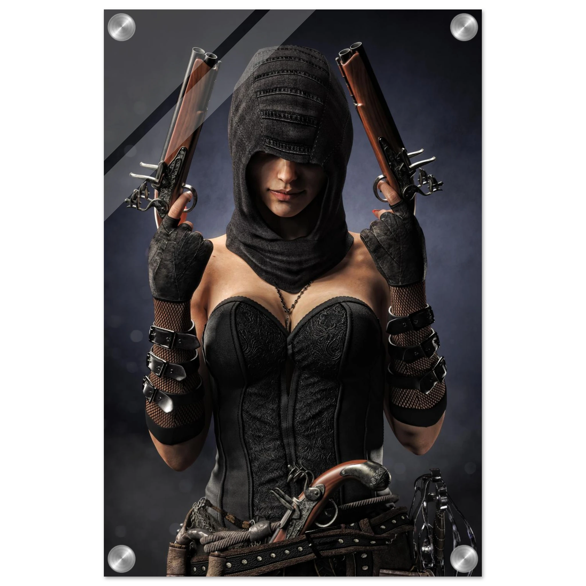 Handcrafted fantasy artwork featuring a hooded female pirate assassin holding twin flintlock pistols while wearing ornate black pirate attire and leather gear. Premium wall art for fantasy collectors, pirate enthusiasts, RPG players, gaming rooms, and nautical décor.