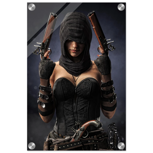 Handcrafted fantasy artwork featuring a hooded female pirate assassin holding twin flintlock pistols while wearing ornate black pirate attire and leather gear. Premium wall art for fantasy collectors, pirate enthusiasts, RPG players, gaming rooms, and nautical décor.
