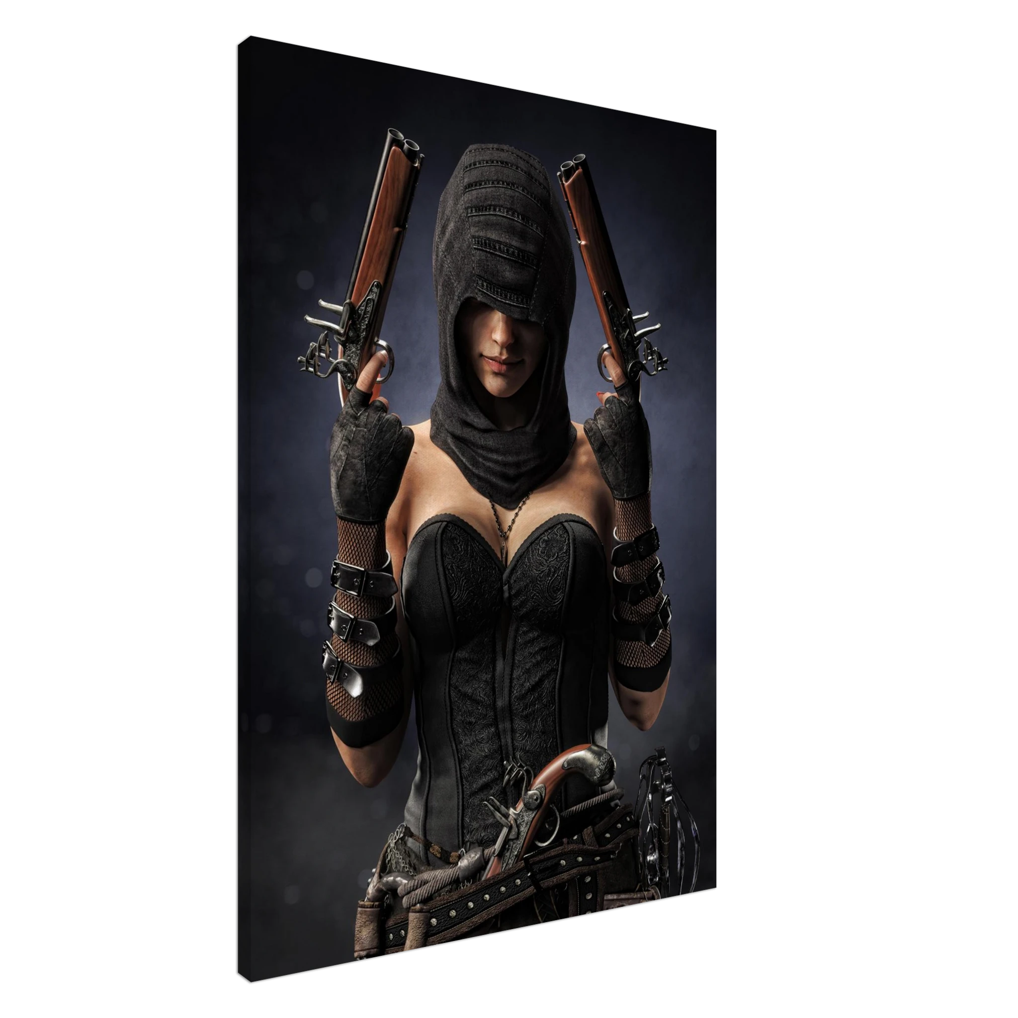Handcrafted fantasy artwork featuring a hooded female pirate assassin holding twin flintlock pistols while wearing ornate black pirate attire and leather gear. Premium wall art for fantasy collectors, pirate enthusiasts, RPG players, gaming rooms, and nautical décor.