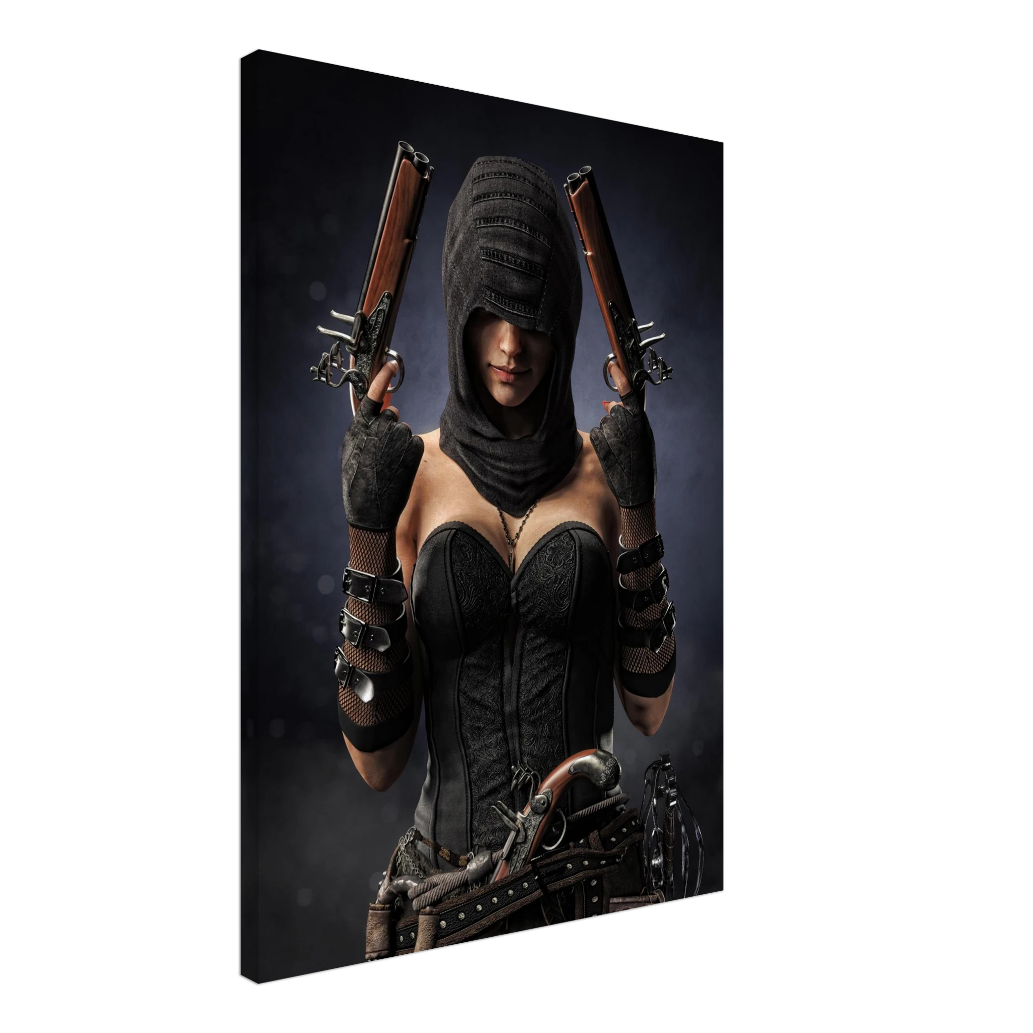 Handcrafted fantasy artwork featuring a hooded female pirate assassin holding twin flintlock pistols while wearing ornate black pirate attire and leather gear. Premium wall art for fantasy collectors, pirate enthusiasts, RPG players, gaming rooms, and nautical décor.