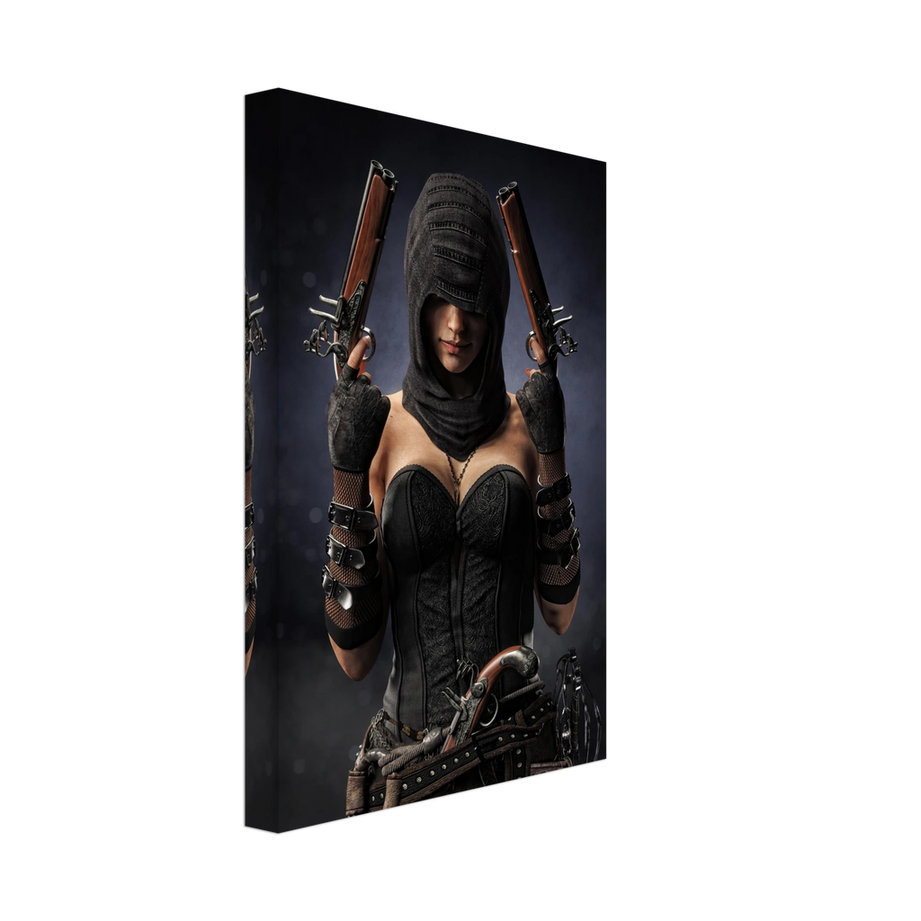 Handcrafted fantasy artwork featuring a hooded female pirate assassin holding twin flintlock pistols while wearing ornate black pirate attire and leather gear. Premium wall art for fantasy collectors, pirate enthusiasts, RPG players, gaming rooms, and nautical décor.