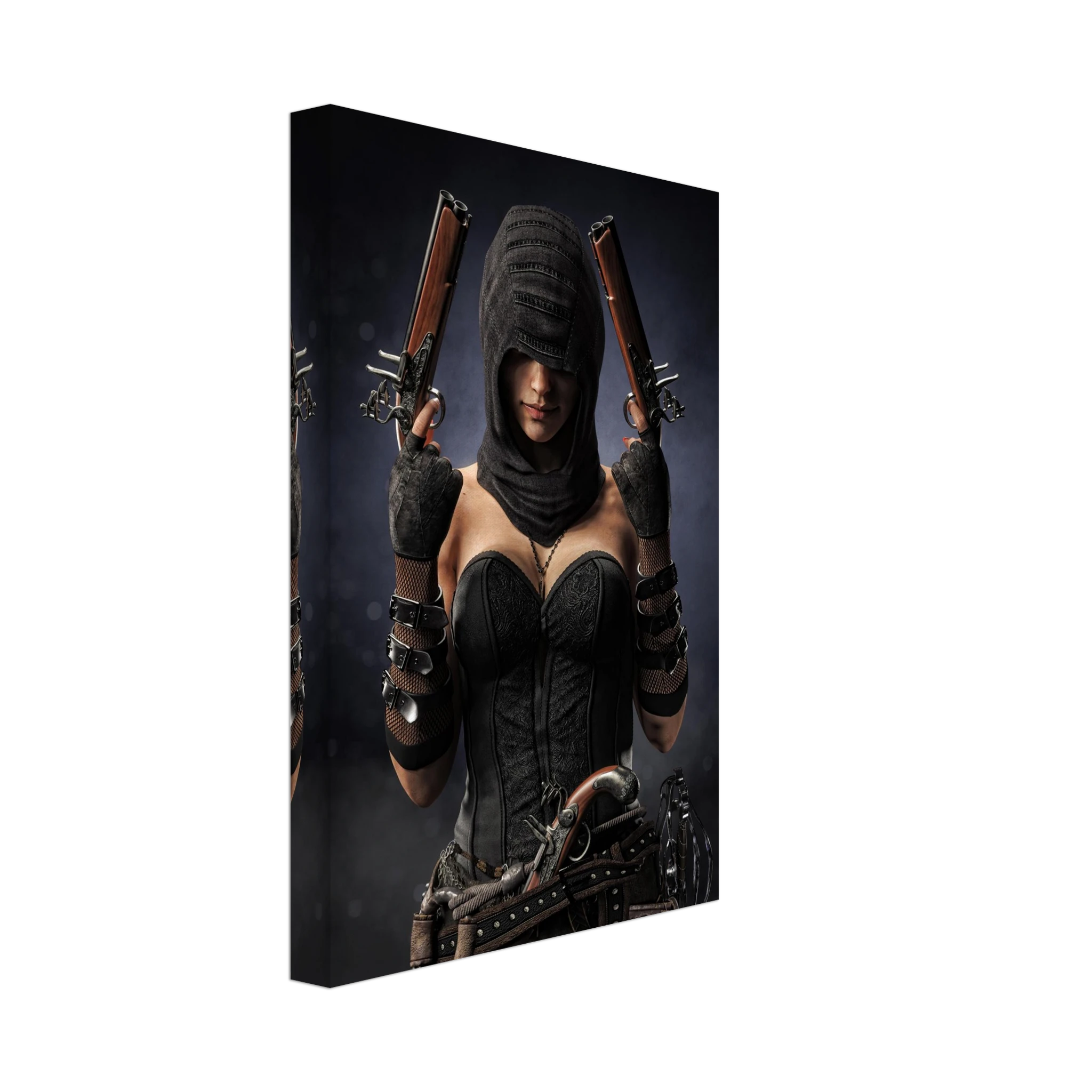 Handcrafted fantasy artwork featuring a hooded female pirate assassin holding twin flintlock pistols while wearing ornate black pirate attire and leather gear. Premium wall art for fantasy collectors, pirate enthusiasts, RPG players, gaming rooms, and nautical décor.