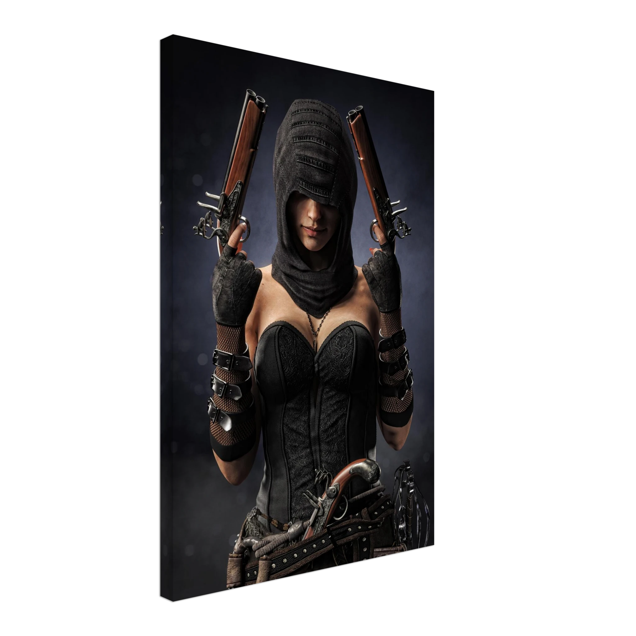 Handcrafted fantasy artwork featuring a hooded female pirate assassin holding twin flintlock pistols while wearing ornate black pirate attire and leather gear. Premium wall art for fantasy collectors, pirate enthusiasts, RPG players, gaming rooms, and nautical décor.