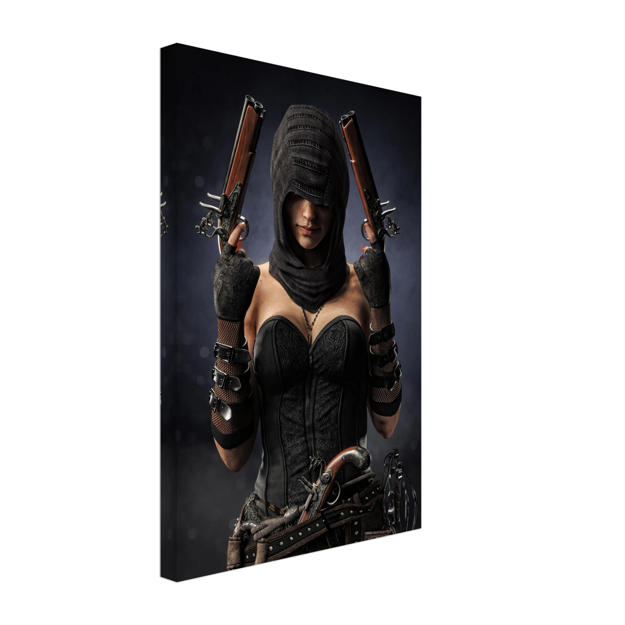 Handcrafted fantasy artwork featuring a hooded female pirate assassin holding twin flintlock pistols while wearing ornate black pirate attire and leather gear. Premium wall art for fantasy collectors, pirate enthusiasts, RPG players, gaming rooms, and nautical décor.