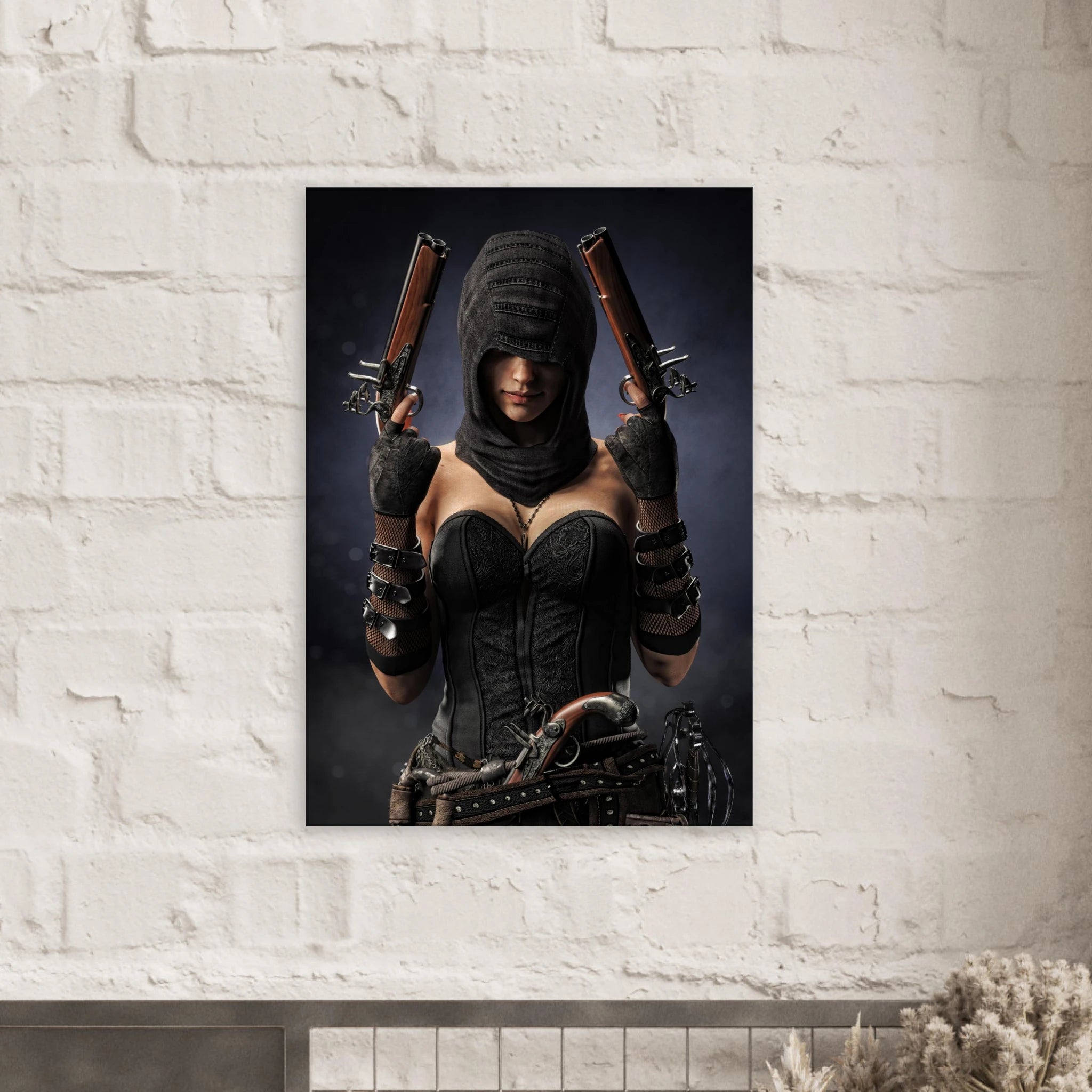 Handcrafted fantasy artwork featuring a hooded female pirate assassin holding twin flintlock pistols while wearing ornate black pirate attire and leather gear. Premium wall art for fantasy collectors, pirate enthusiasts, RPG players, gaming rooms, and nautical décor.