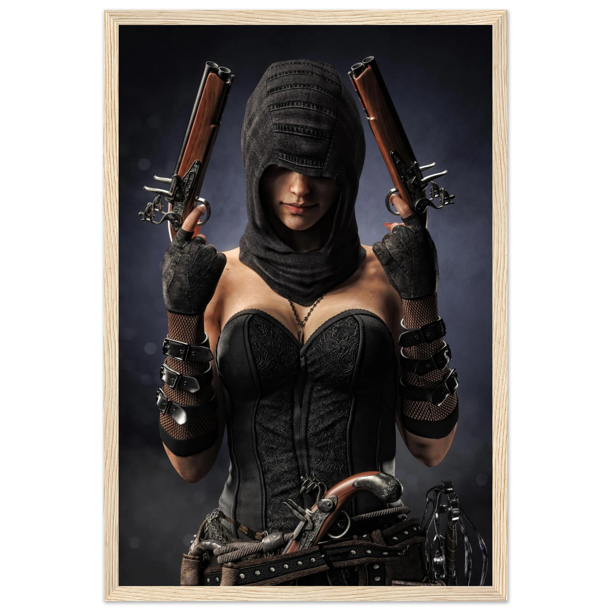 A framed art print featuring a steampunk-style female pirate character in a black hooded bodysuit, holding two flintlock-style pistols, set against a dark background with a light wood frame.