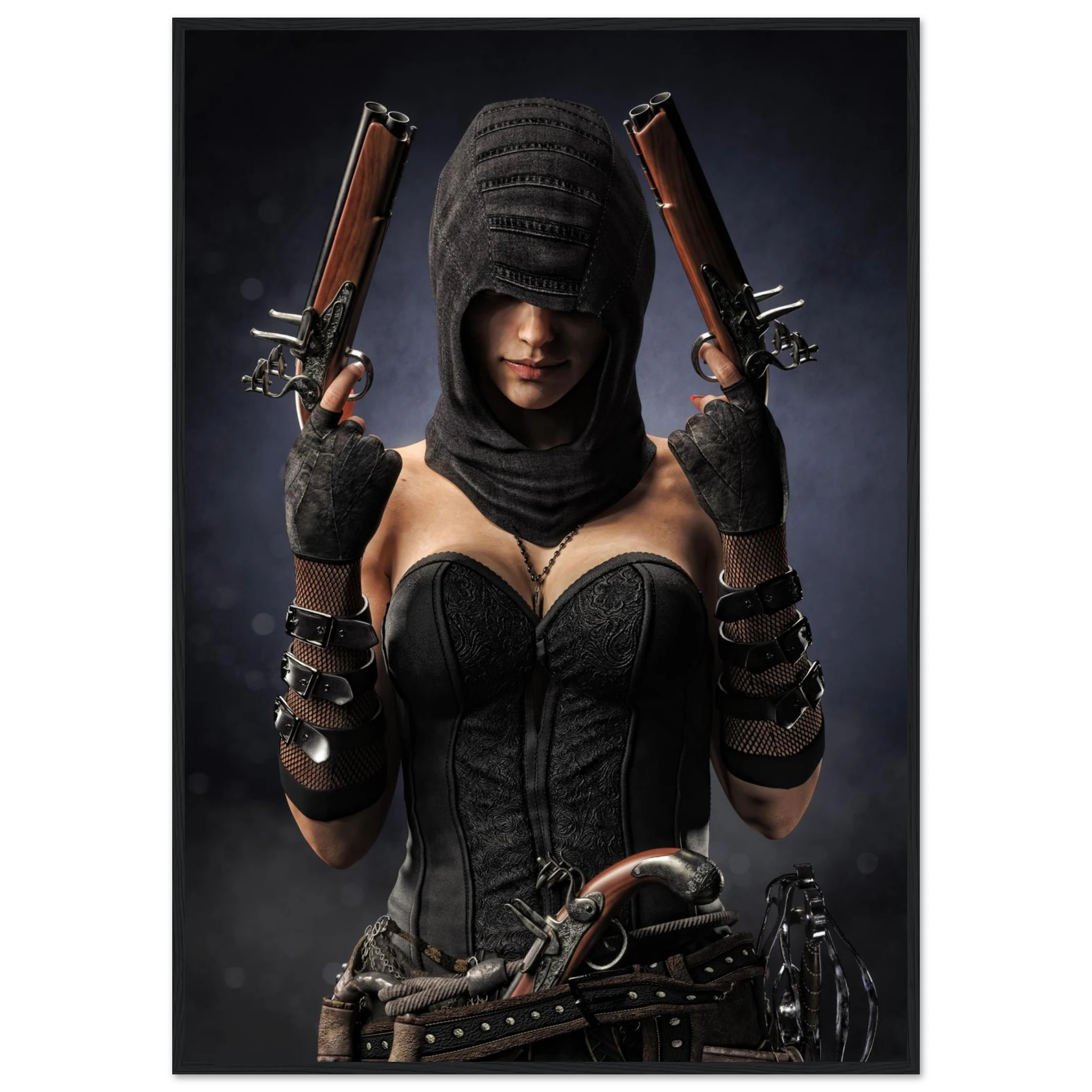 A vertical art print featuring a stylized portrait of a Pirate woman in a black hooded corset outfit holding two flintlock-style pistols, set against a dark smoky background.