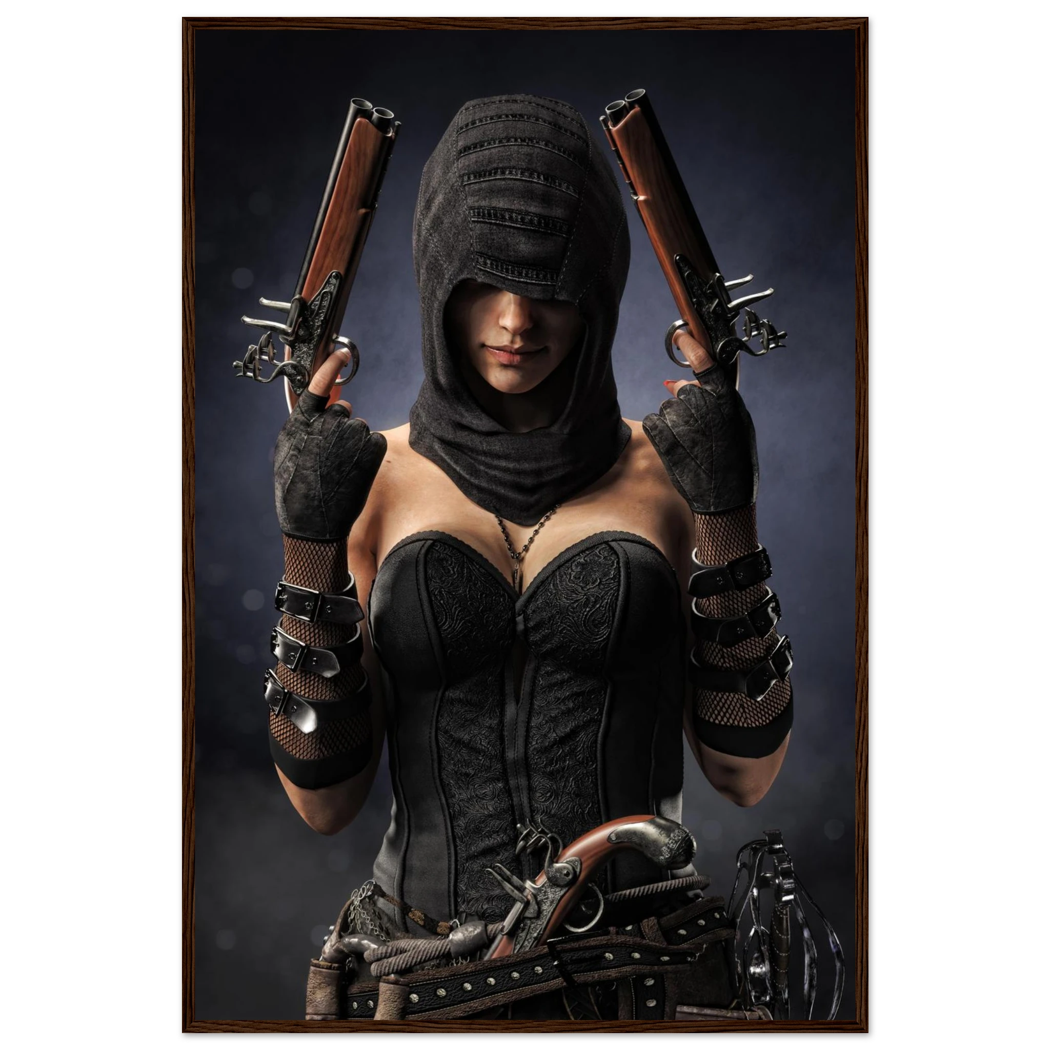 A framed art print depicting a pirate woman in a black hooded corset outfit holding two pistols, shown against a dark studio-style background with a thin brown frame.