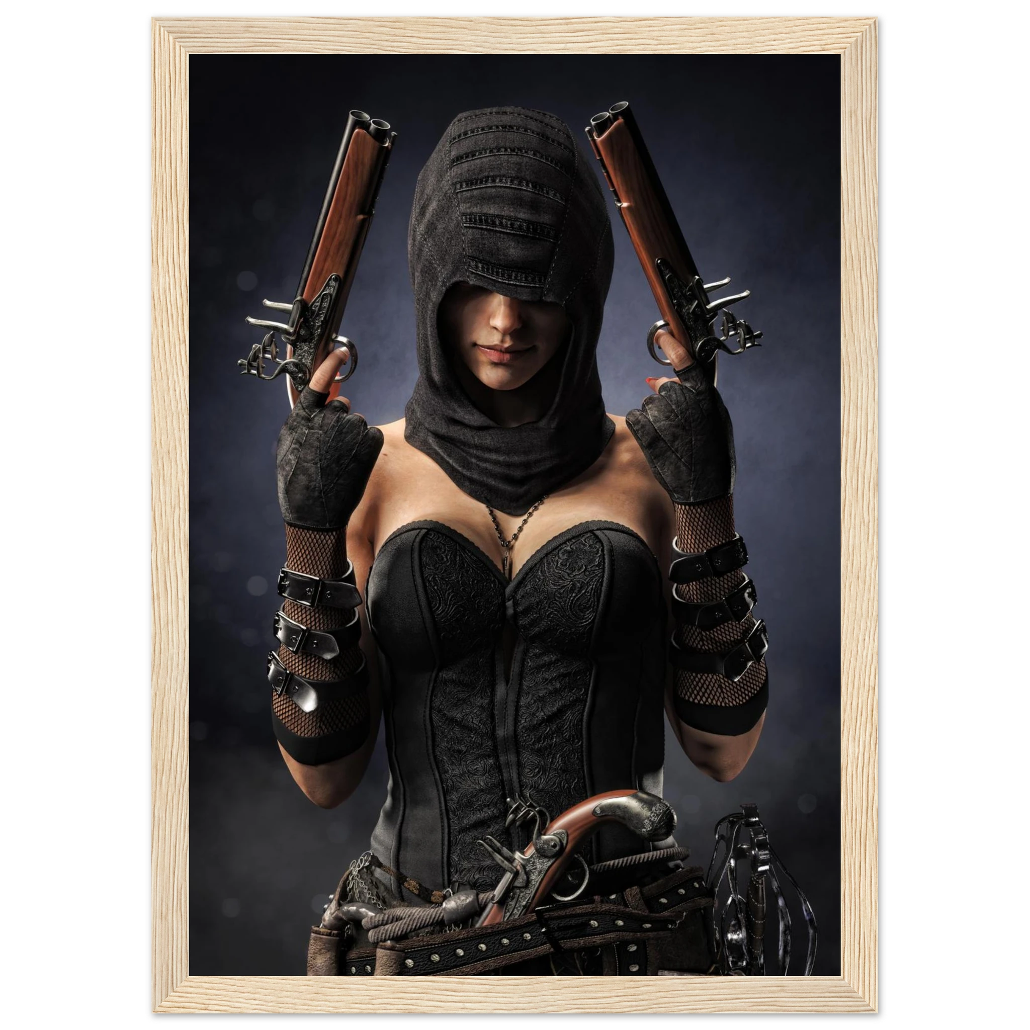 A framed art print featuring a stylized portrait of a woman in a black hooded outfit holding two pistols, shown against a dark background with a light wood frame.