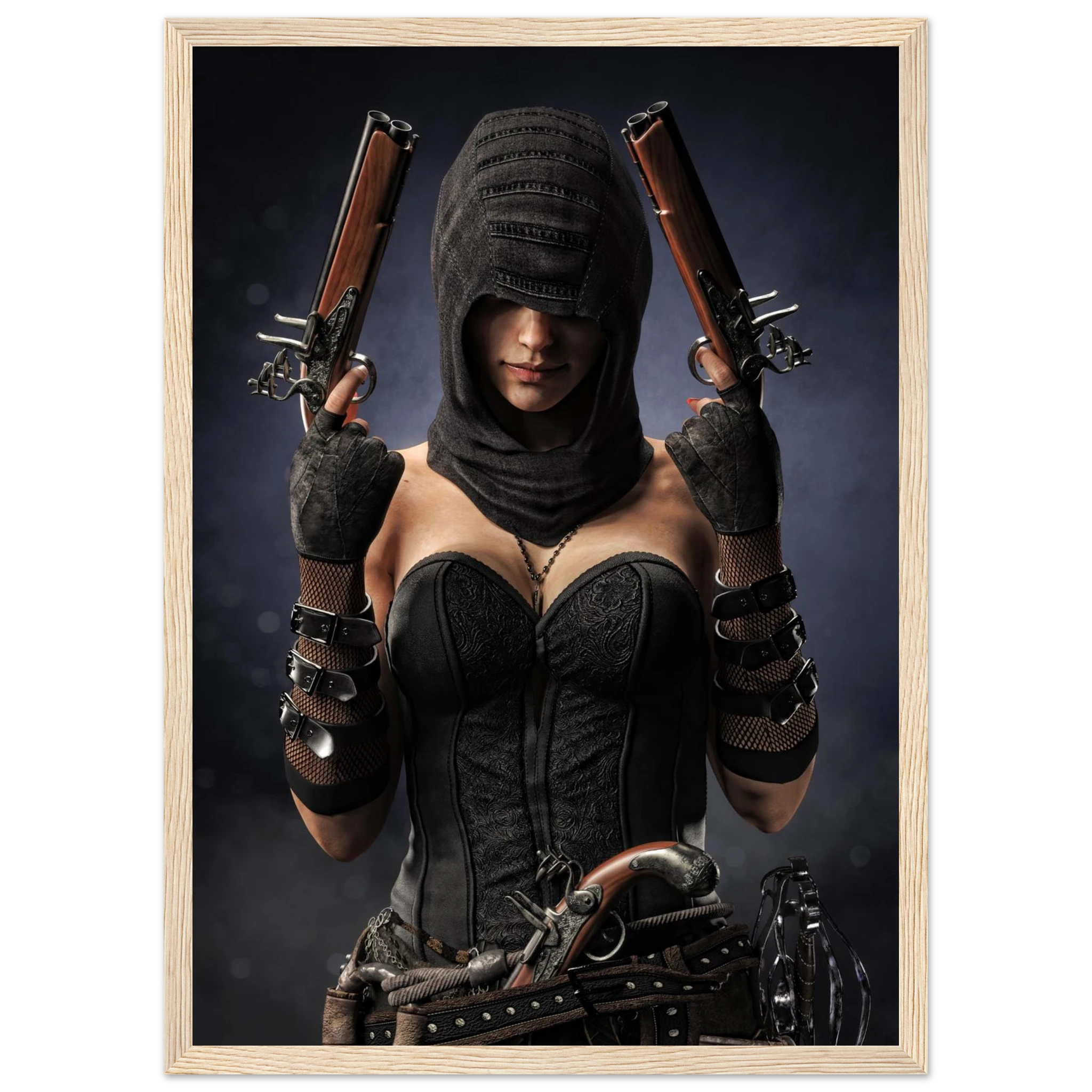A framed art print featuring a stylized portrait of a Pirate woman in a black hooded corset outfit holding two pistols, set against a dark background with a light wood frame.