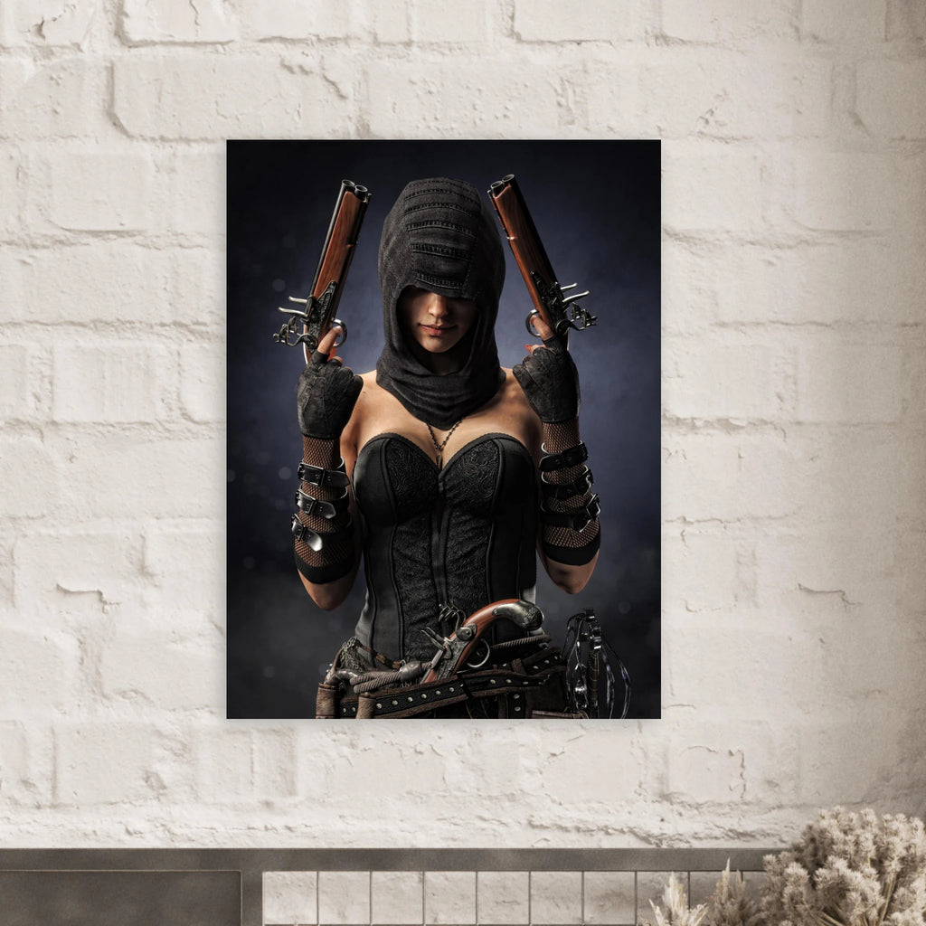 Handcrafted fantasy artwork featuring a hooded female pirate assassin holding twin flintlock pistols while wearing ornate black pirate attire and leather gear. Premium wall art for fantasy collectors, pirate enthusiasts, RPG players, gaming rooms, and nautical décor.