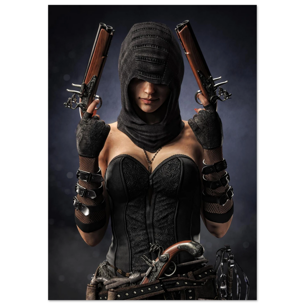 Handcrafted fantasy artwork featuring a hooded female pirate assassin holding twin flintlock pistols while wearing ornate black pirate attire and leather gear. Premium wall art for fantasy collectors, pirate enthusiasts, RPG players, gaming rooms, and nautical décor.
