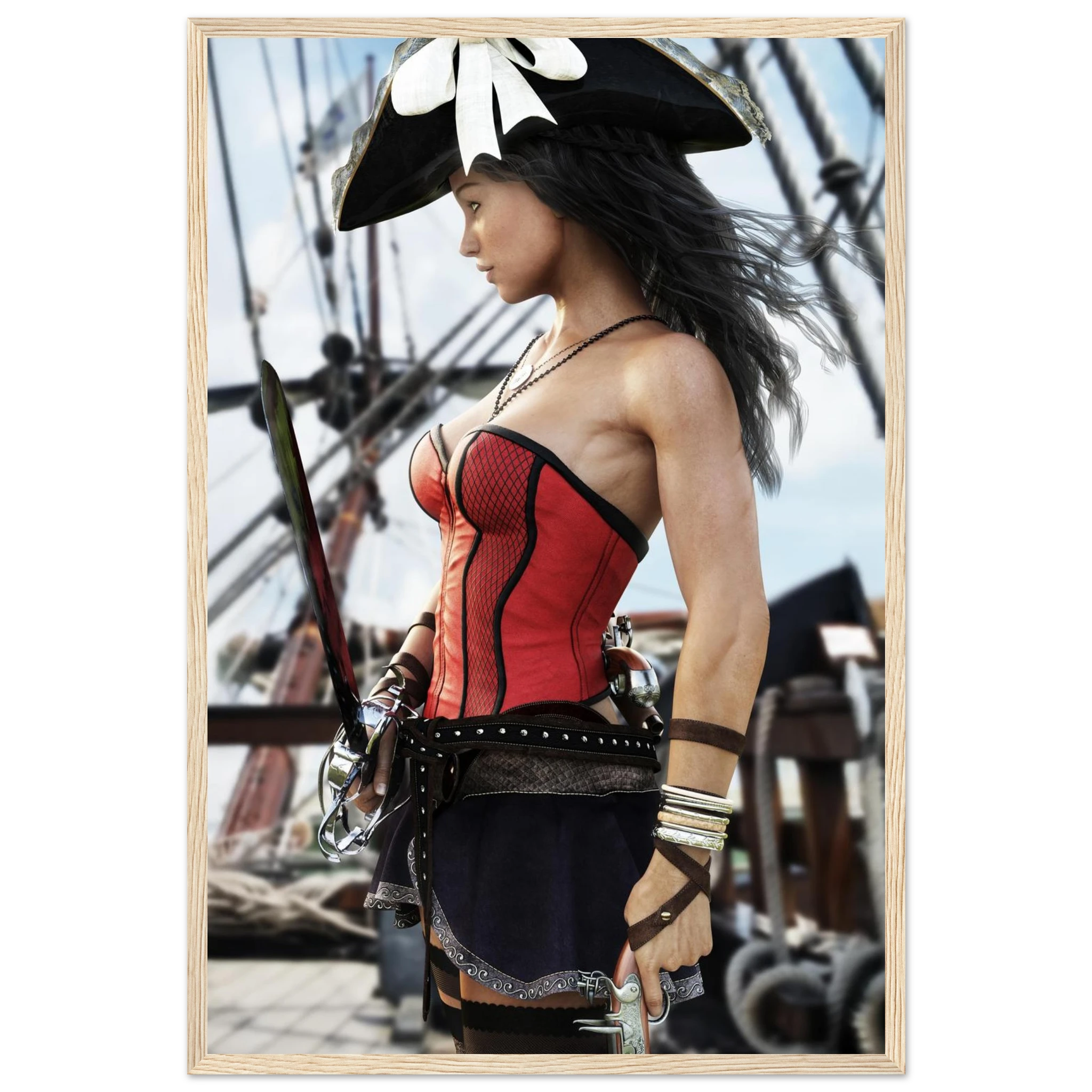 Handcrafted Female Pirate Captain wall art featuring a fearless pirate aboard a historic sailing ship holding a polished cutlass with twin flintlock pistols. Premium fantasy artwork for pirate collectors, gaming rooms, nautical décor, and fantasy enthusiasts.
